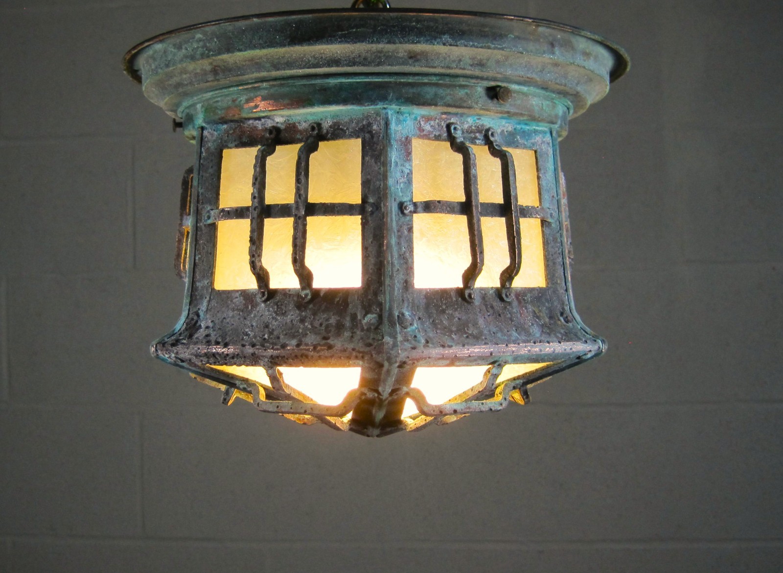 Antique Porch Light Solid Brass Ceiling Mount 1920`s Great Patina Restored