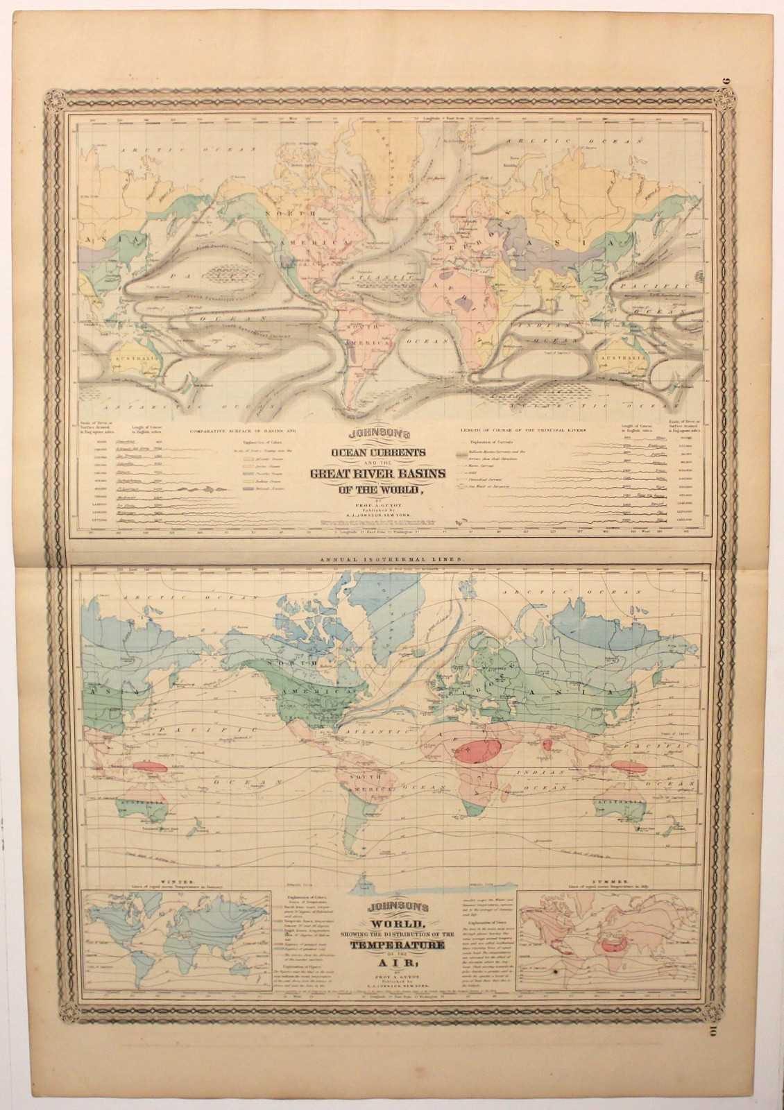 1870 World Map — Climate & Ocean Currents, A.J. Johnson-Hand‑Colored Engraving