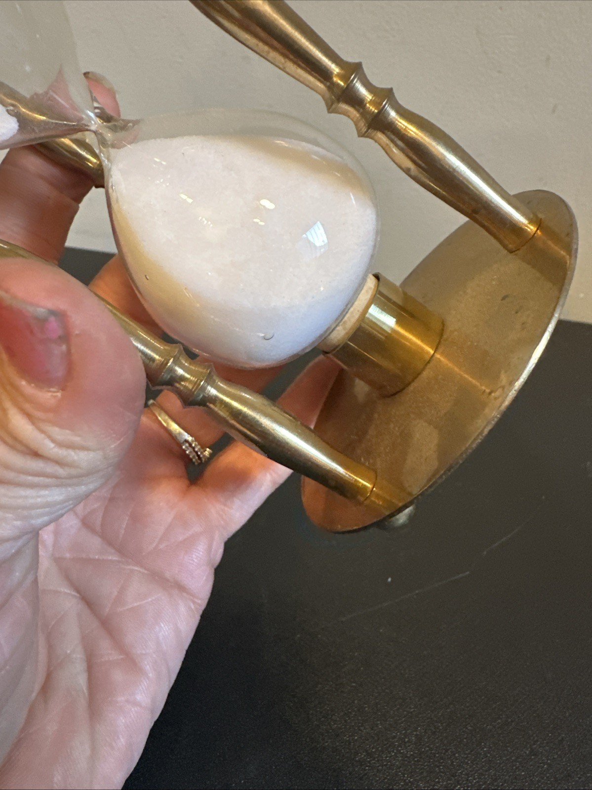 Vintage Gold Tone Brass Hourglass Timer Penco? Decorative Brass Glass White sand