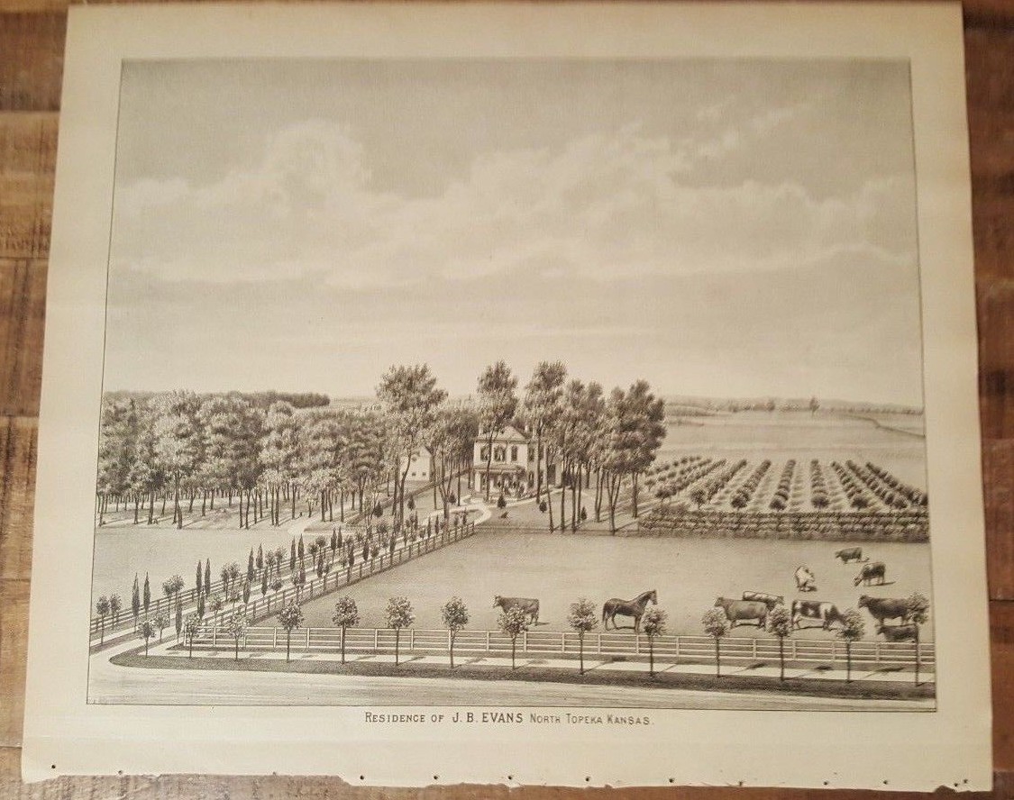Antique Steel Engraving – RESIDENCE OF JB EVANS – N. TOPEKA – 1887 KANSAS ATLAS