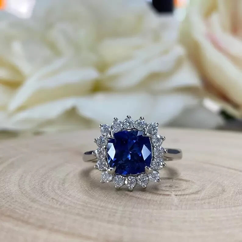 3.00 Ct Natural Sapphire Diamond Engagement Wedding Ring 14K White Gold Size 7