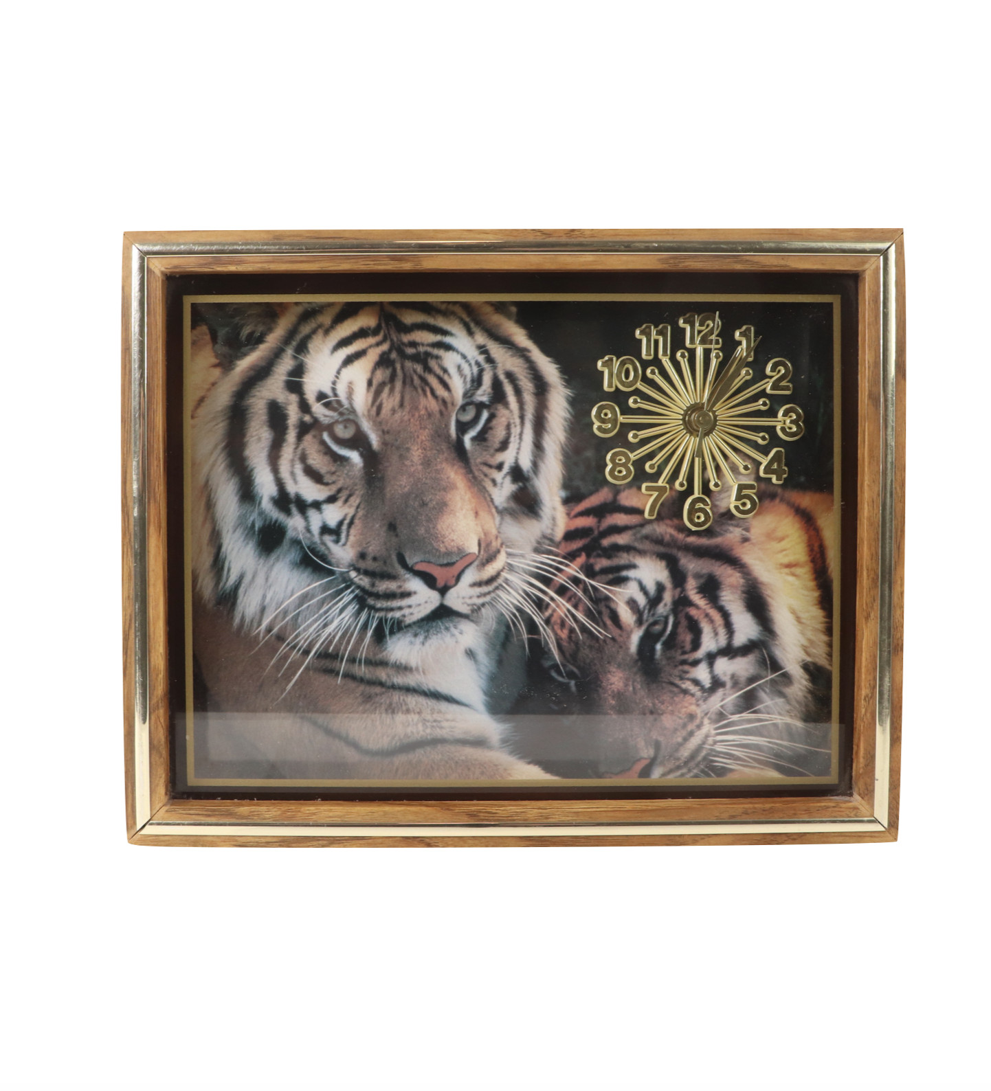 Vintage 90s Wood Glass Box Tiger Print Hanging Wall Clock Rectangle Brown Gold