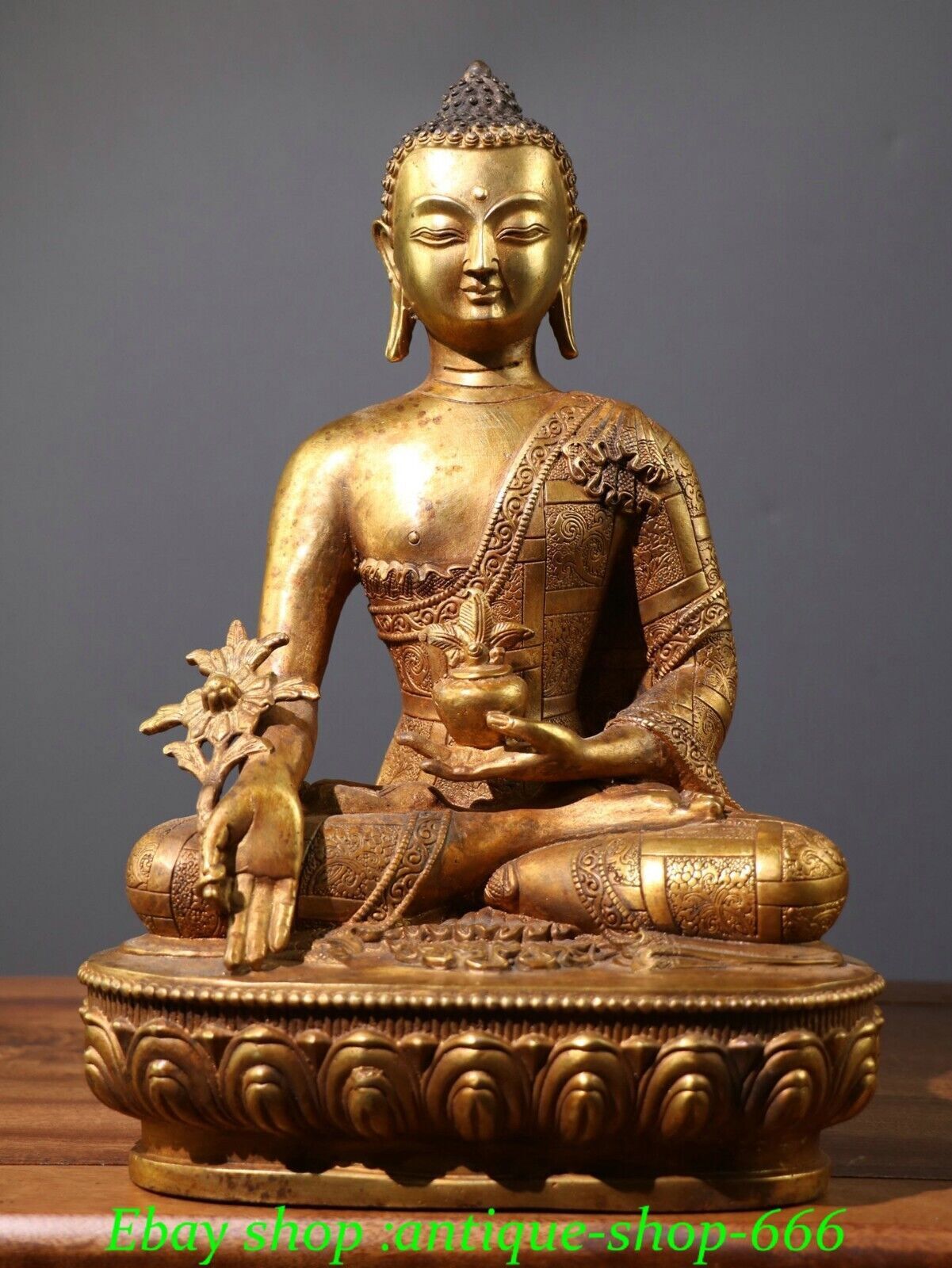 Old Tibet Temple Bronze Gilt Seat Lotus Menla Medicine Buddha Medical God Statue