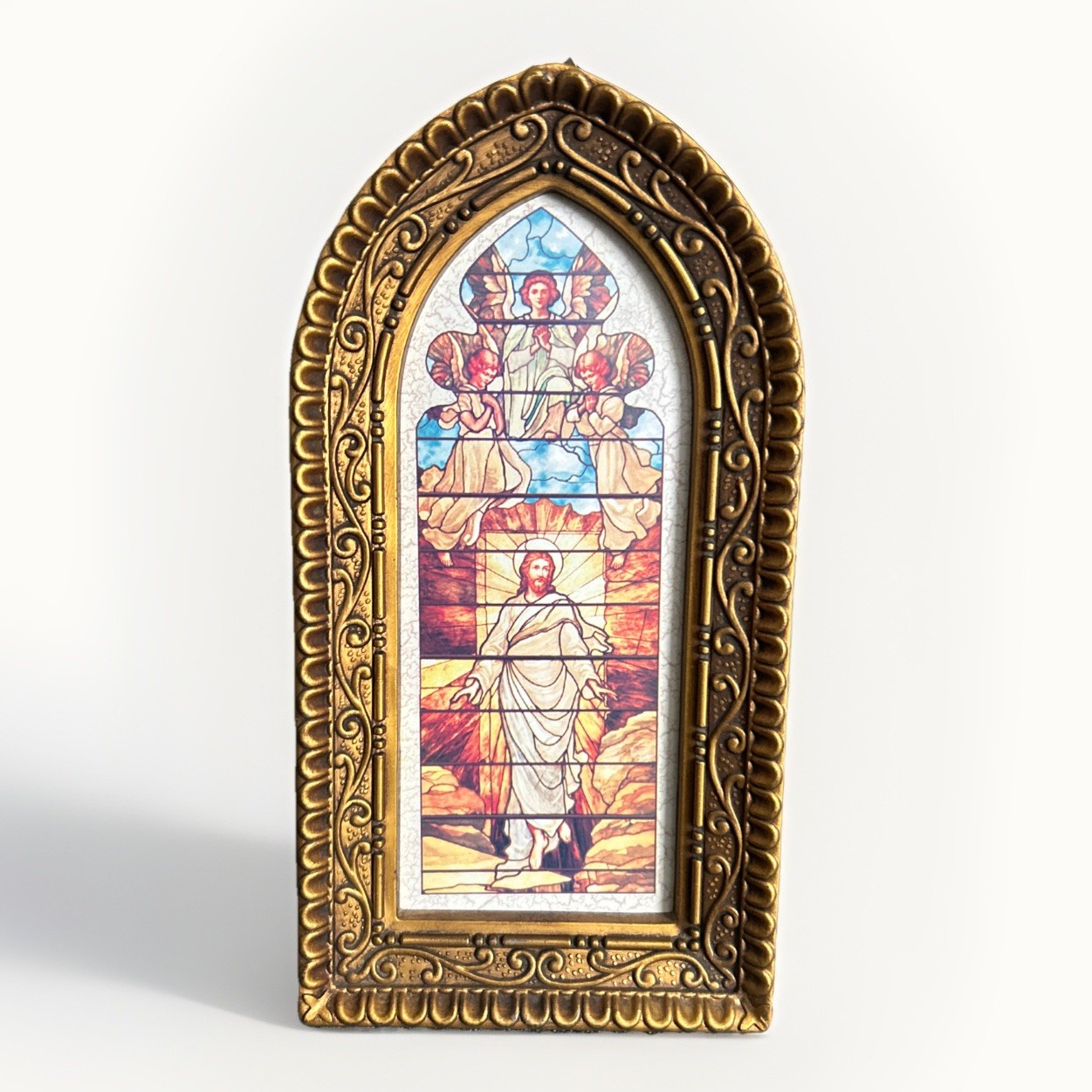 Vintage Plastic MCM Stained Glass Look Jesus Ascension Free Standing/Wall Hang