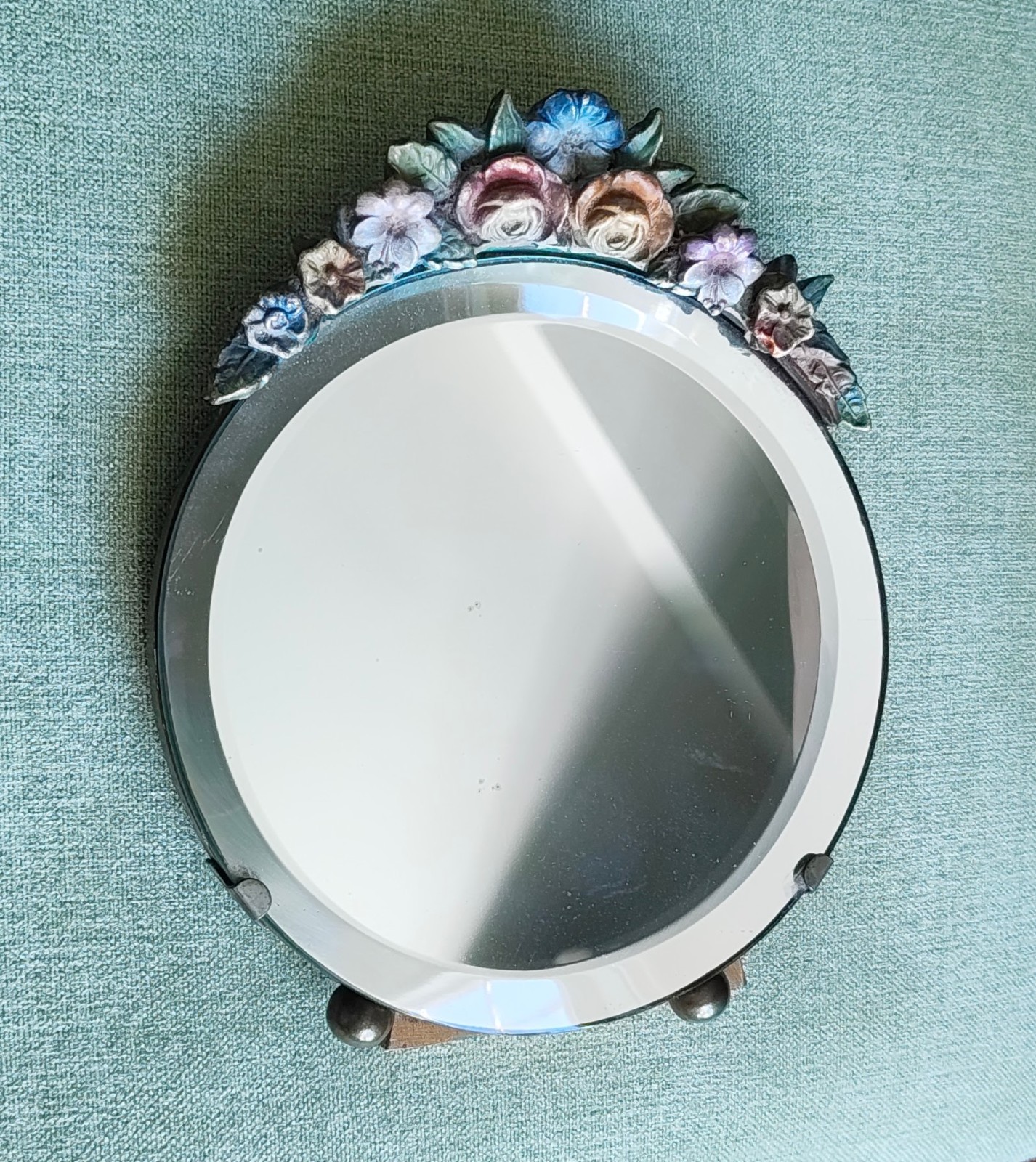 Vintage BARBOLA Round Flower Mirror Free Standing c. 1920s 30s Read Description