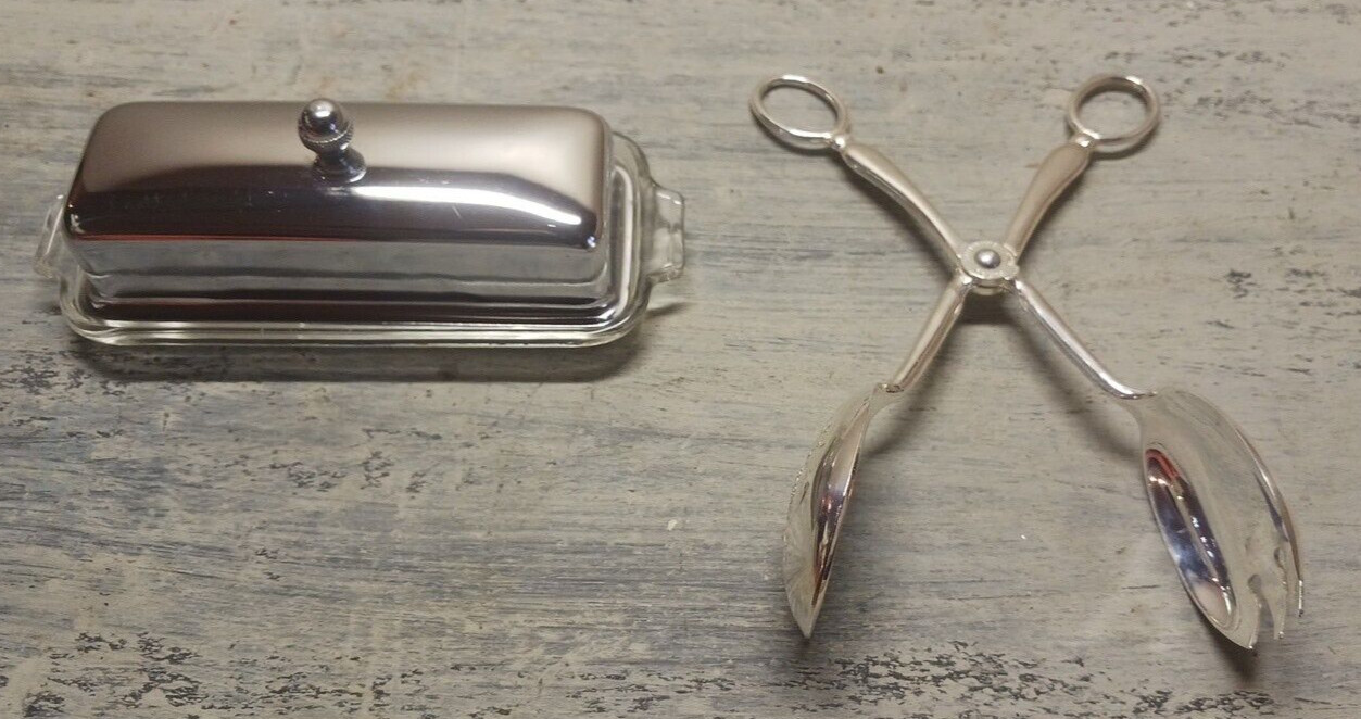 EP ZINC Embossed Silverplate Serving Tong & Silver Glass Bottom Butter Dish