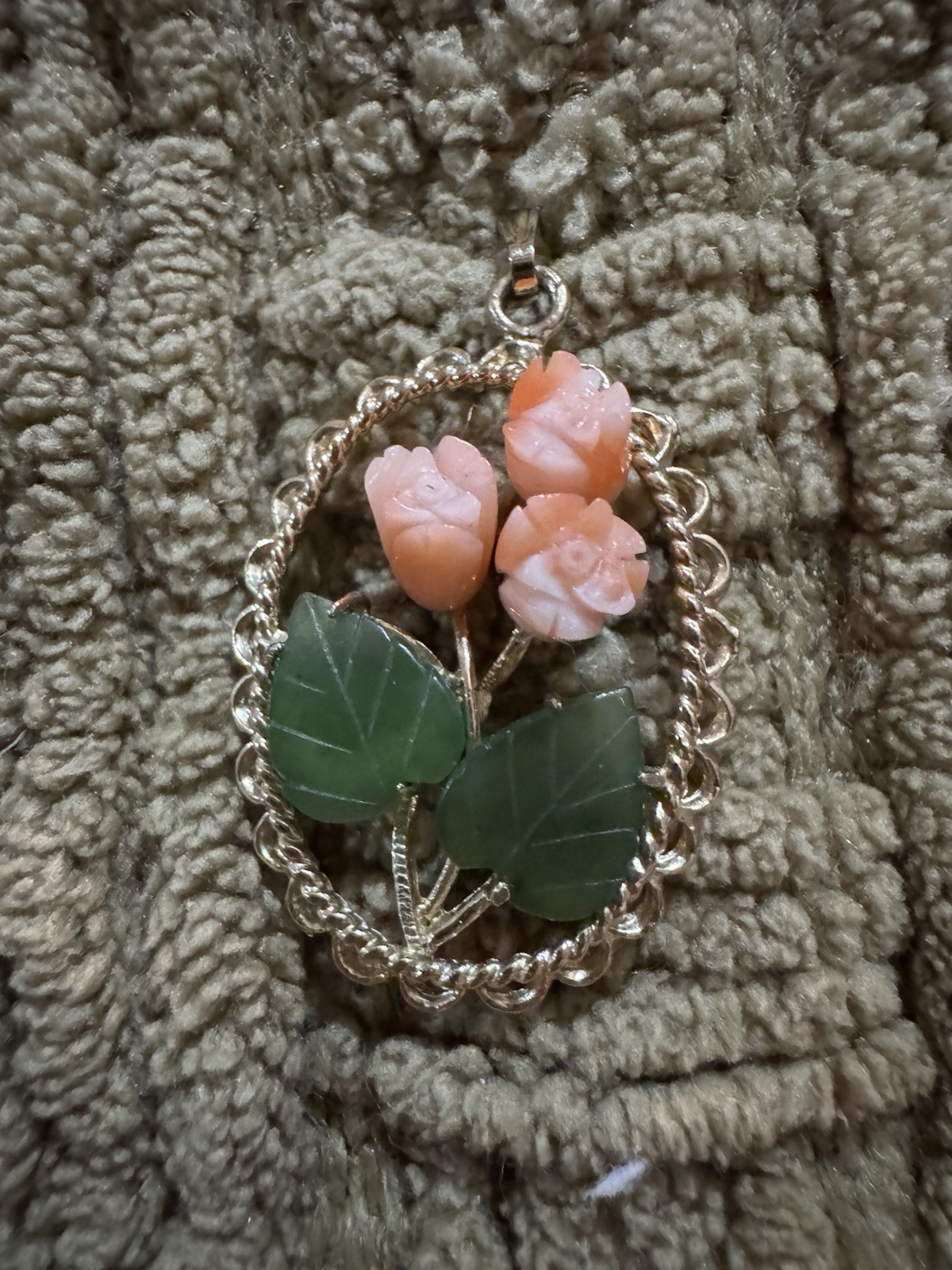 Beautiful Carved Coral And Jade Flower Pendant