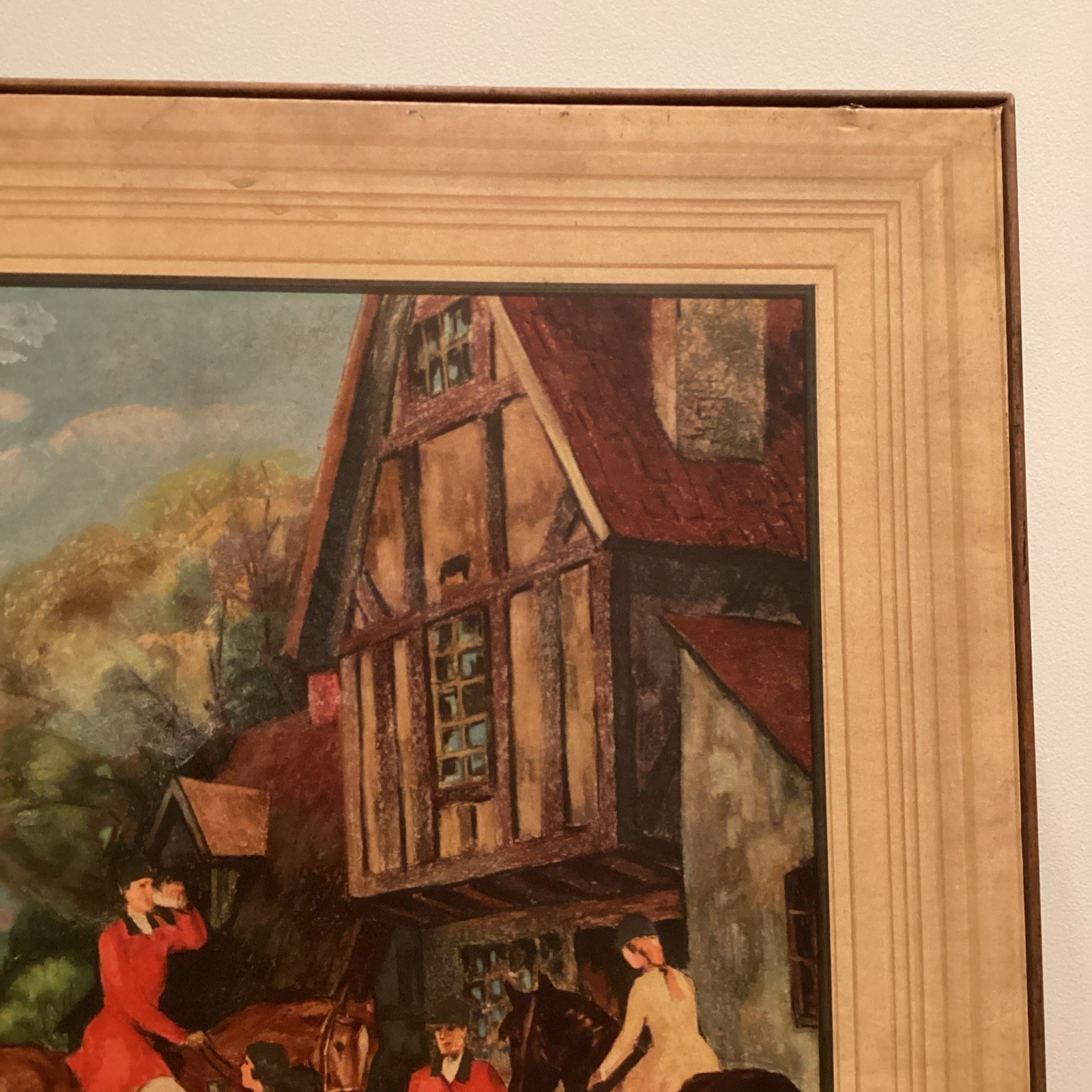 Vintage English Fox Hunt Scene Folding Card Table Fireplace Screen Wood Litho