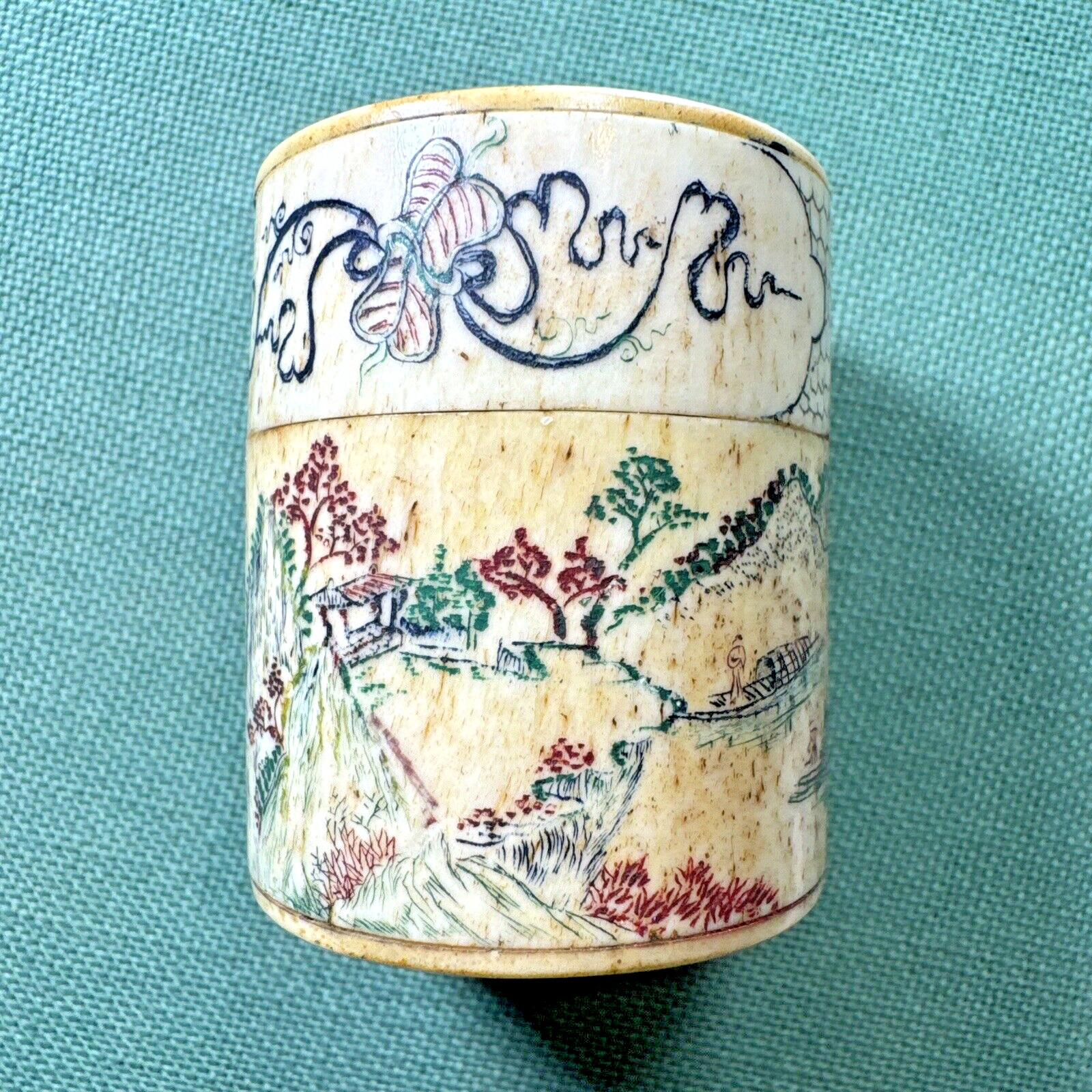 Small Antique Chinese Bone Opium or Snuff Box or Jar With Engraved Scrimshaw