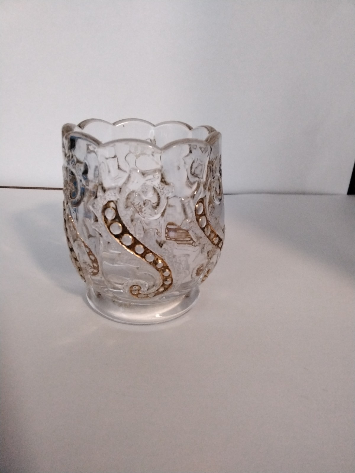 Eapg Clear W/Gold Decor CHRYSANTHEMUM LEAF Toothpick Holder. Unknown Maker.