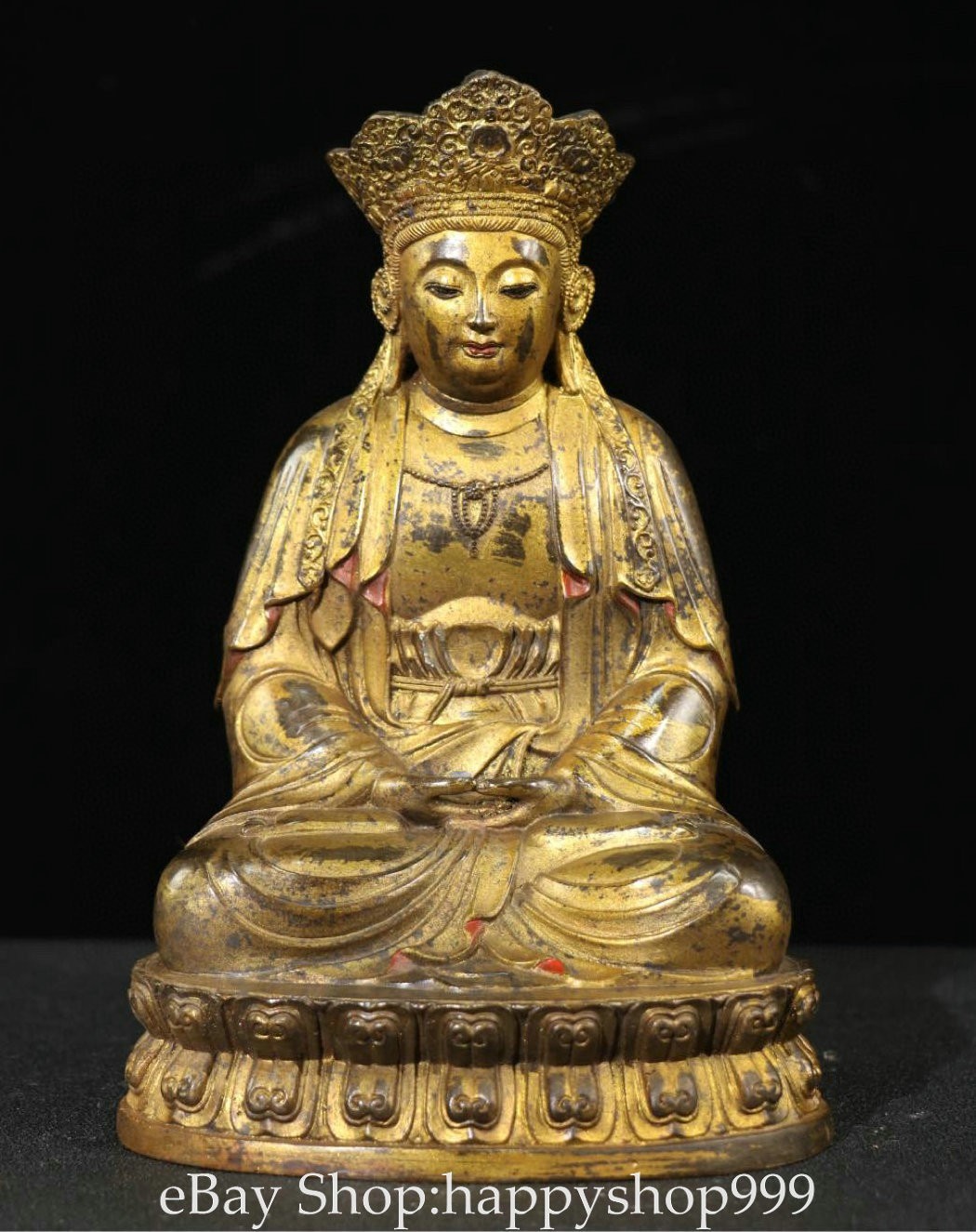 11.2″ Chinese Pure Bronze Gilt Kwan-yin Guan Yin Buddha Sitting Statue Sculpture
