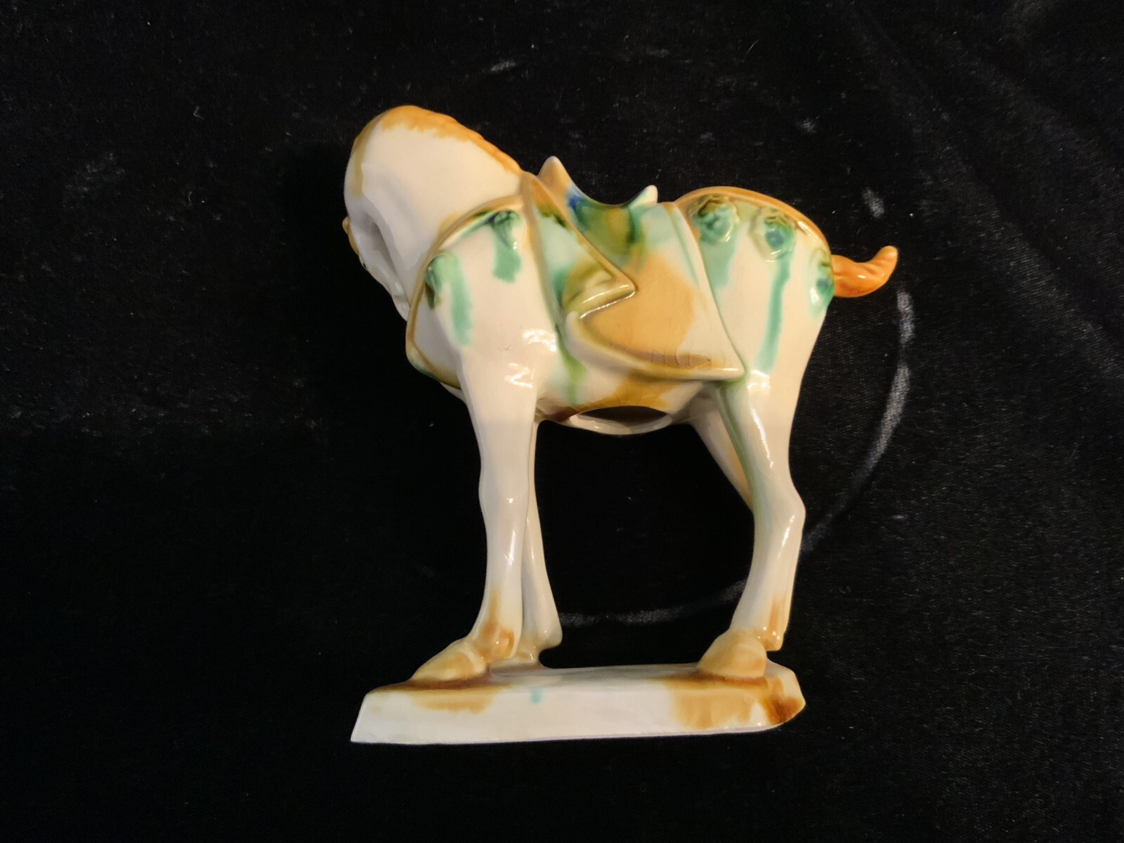 Chinese Tang Dynasty Drip Style Glaze Ceramic Horse Figurines Set of 3 Vintage