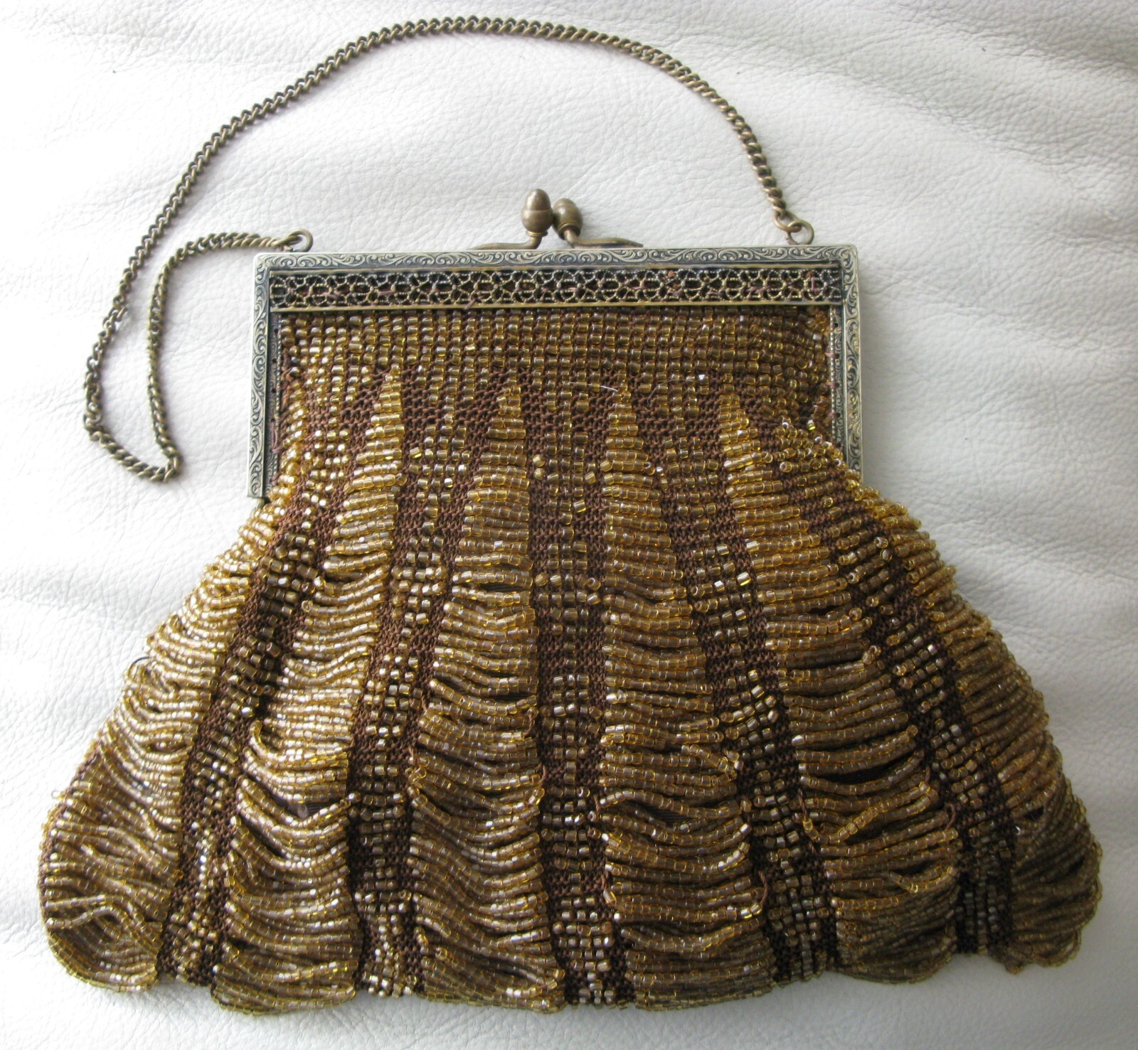 Antique Art Deco Gold Floral Filigree Frame Brown Knit Amber Yellow Bead Purse