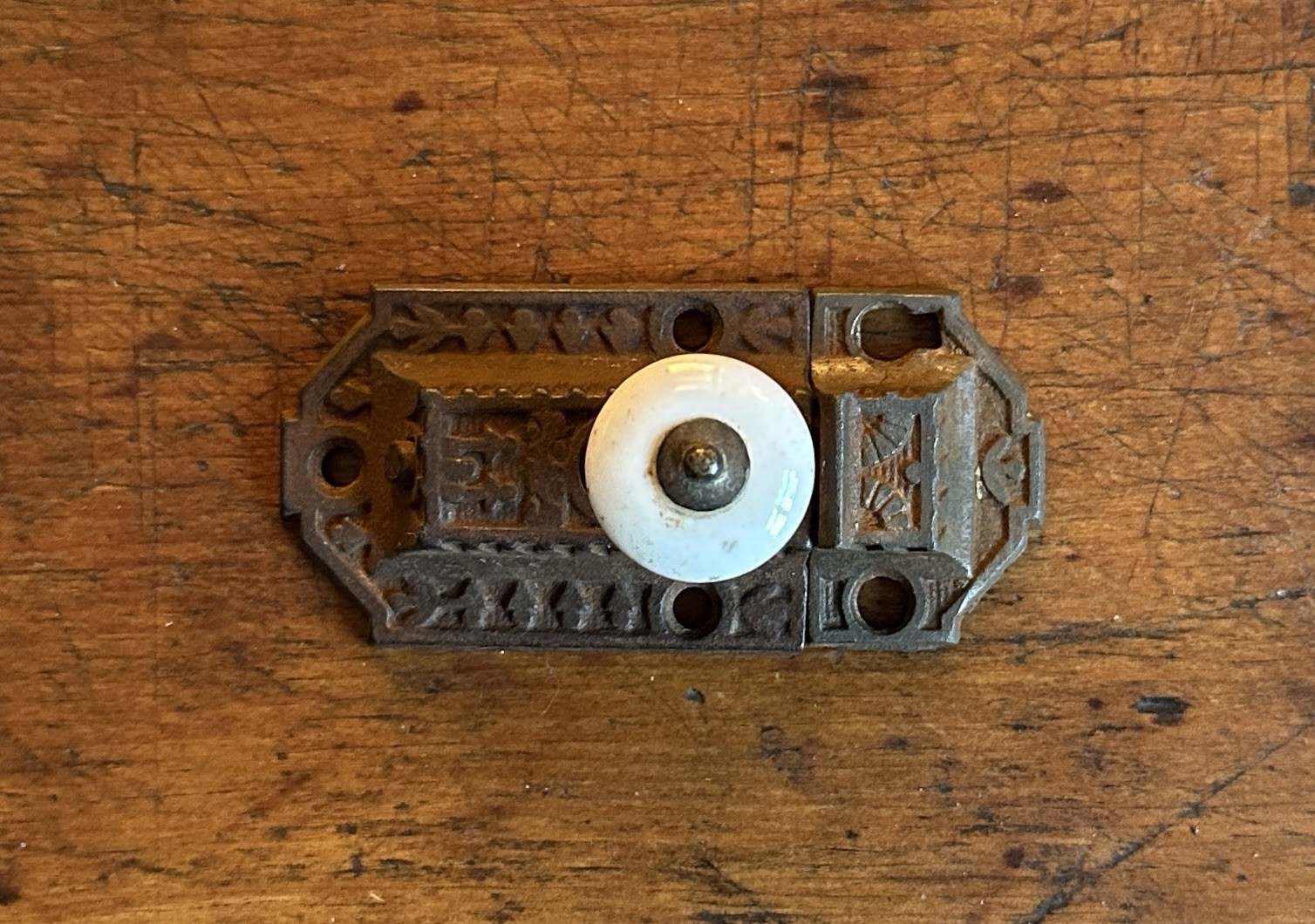 #2069–Antique Eastlake Cast Iron Late 1800 Cupboard Cabinet Latch Porcelain Knob