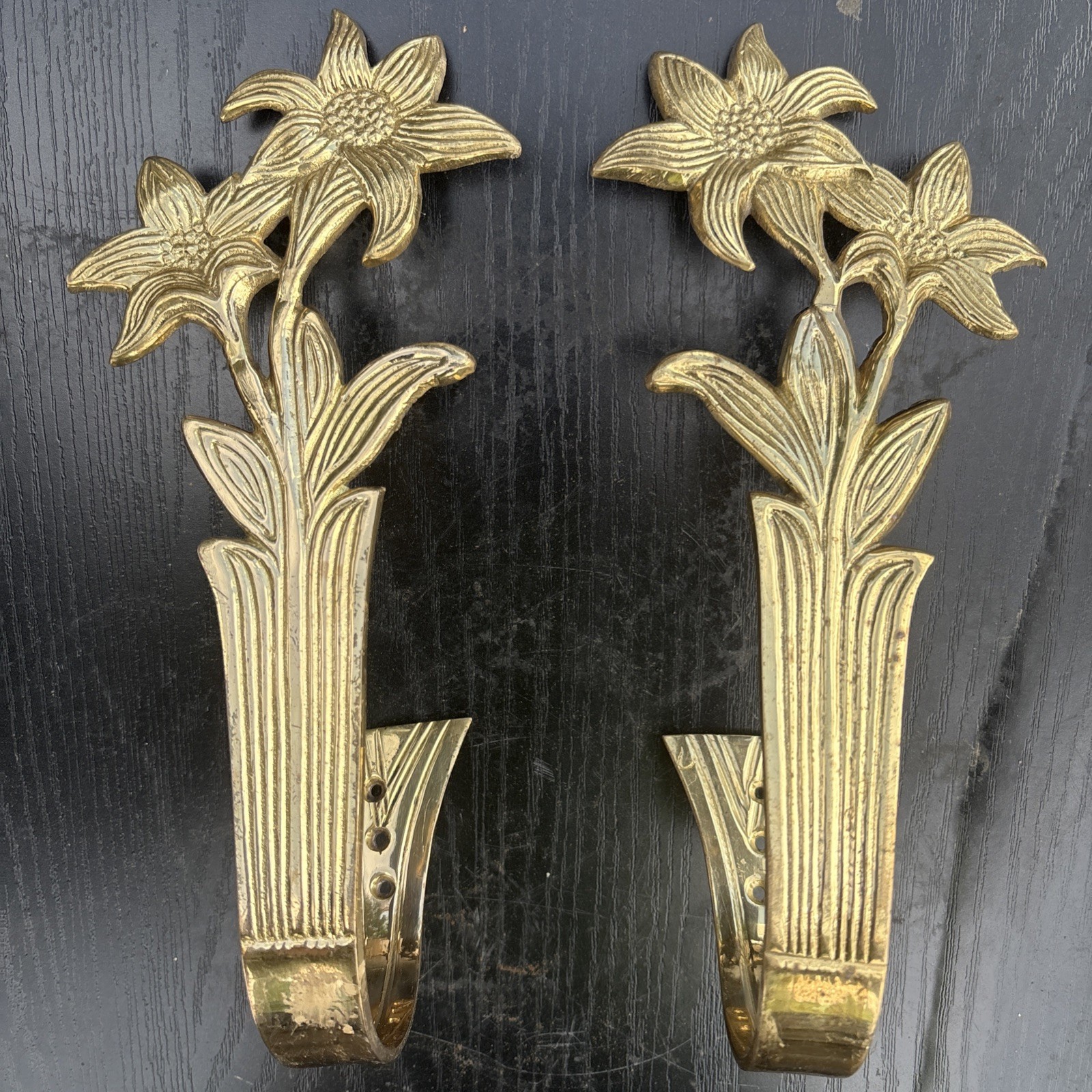 1980s Brass Flower Curtain Tie Backs Hooks Set Of Two