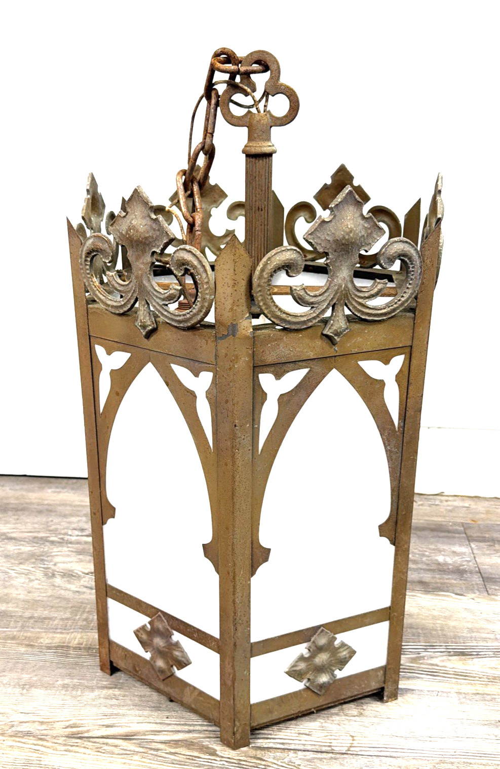 Vintage 6 PANEL GOTHIC MEDIEVAL HANGING LIGHT FIXTURE metal & white glass