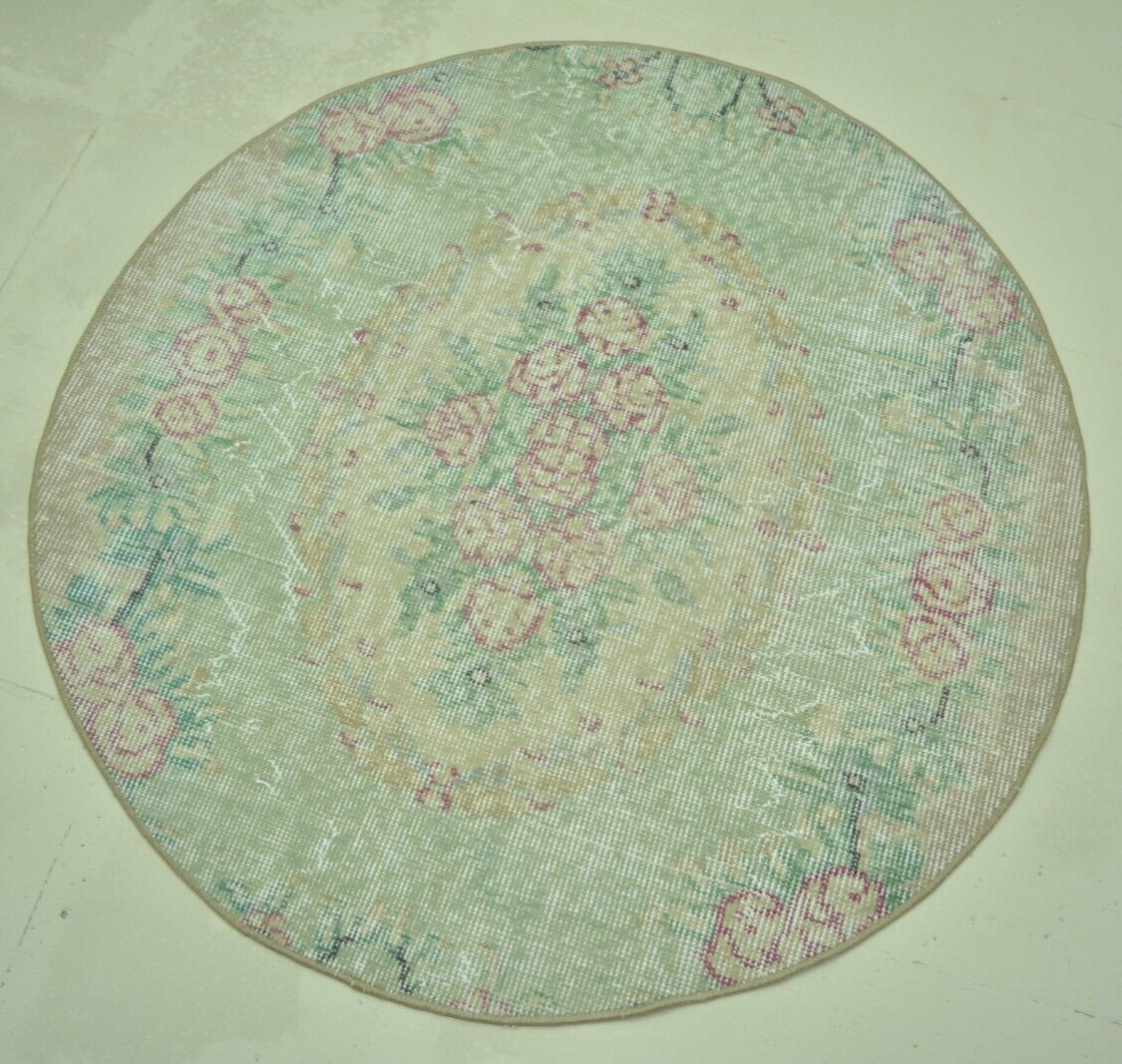 Blue Faded Turkish Vintage Round Rug, 3.2ft, Handmade Antique Floral Round Rug