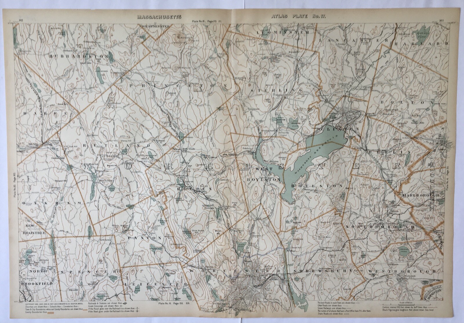1907 Original Map,Worcester,Northborough,Sterling,Harvard,Leominster,Mass MA,old