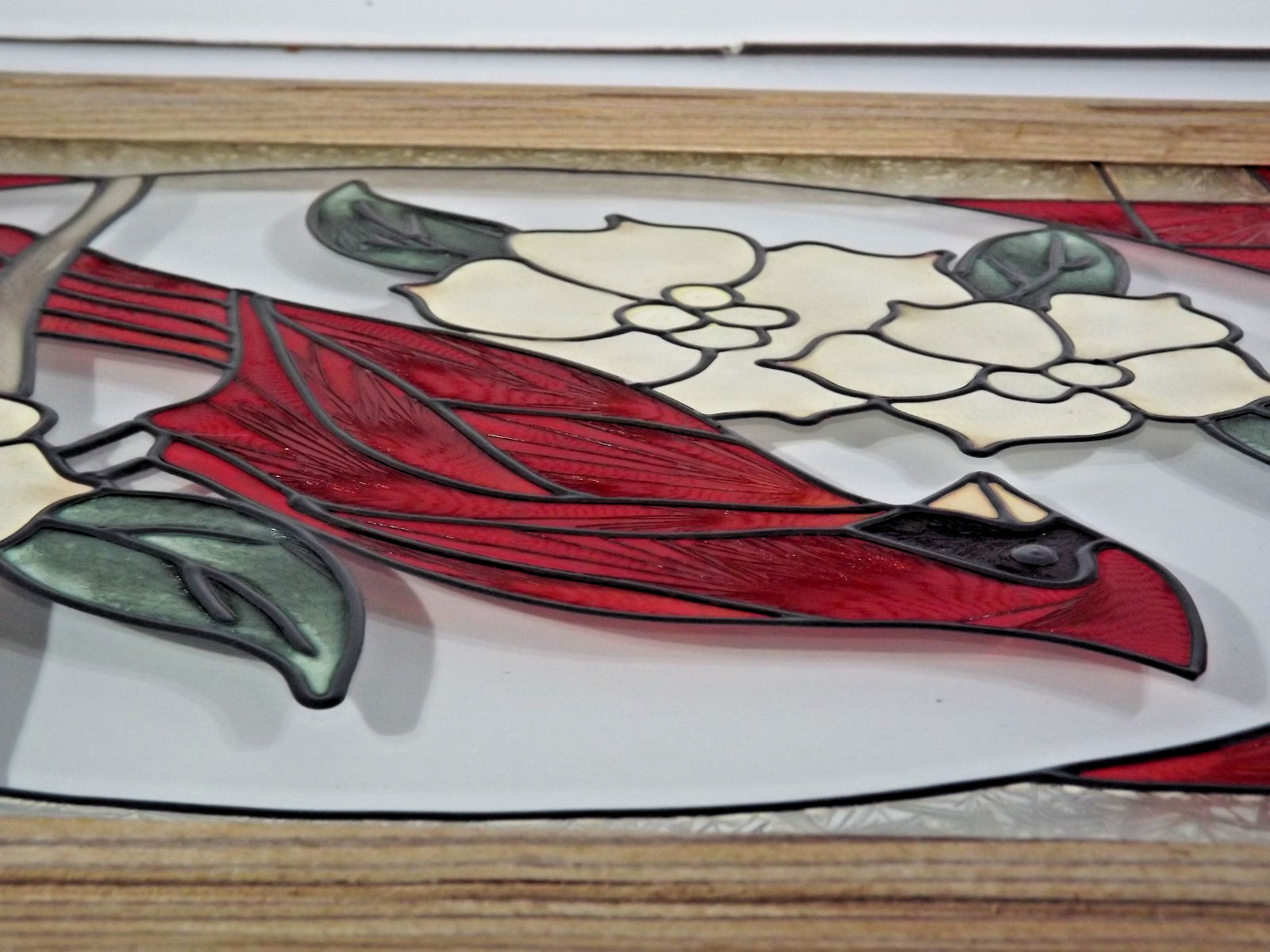 Hand Painted Stained Glass Red Cardinal – Light Brown Wooden Frame – Dogwood