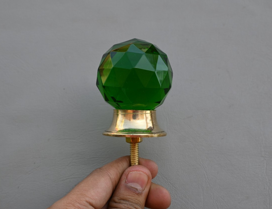 Vtg sea green round cut glass door drawer knob handle pull 2″ 2PC