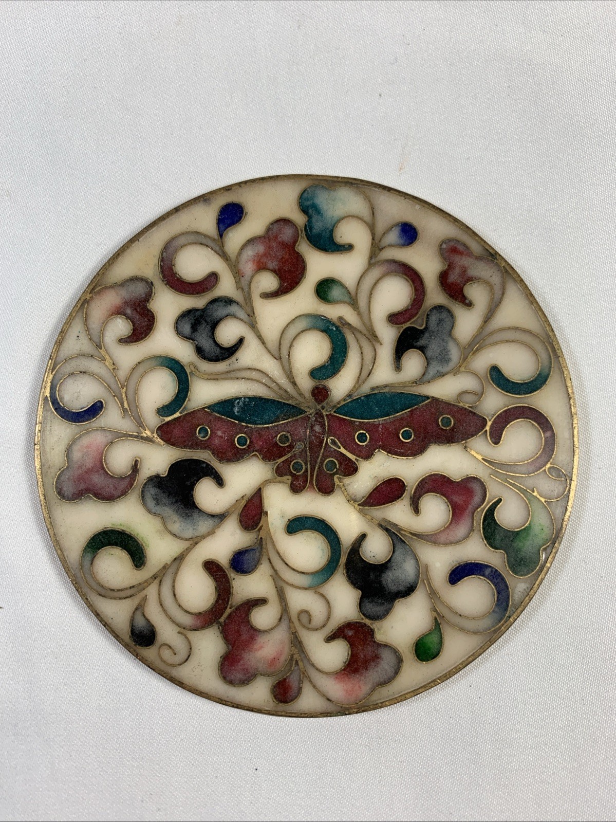 3.5” Old Chinese Cloisonne Enamel Brass Butterfly Flat Plate