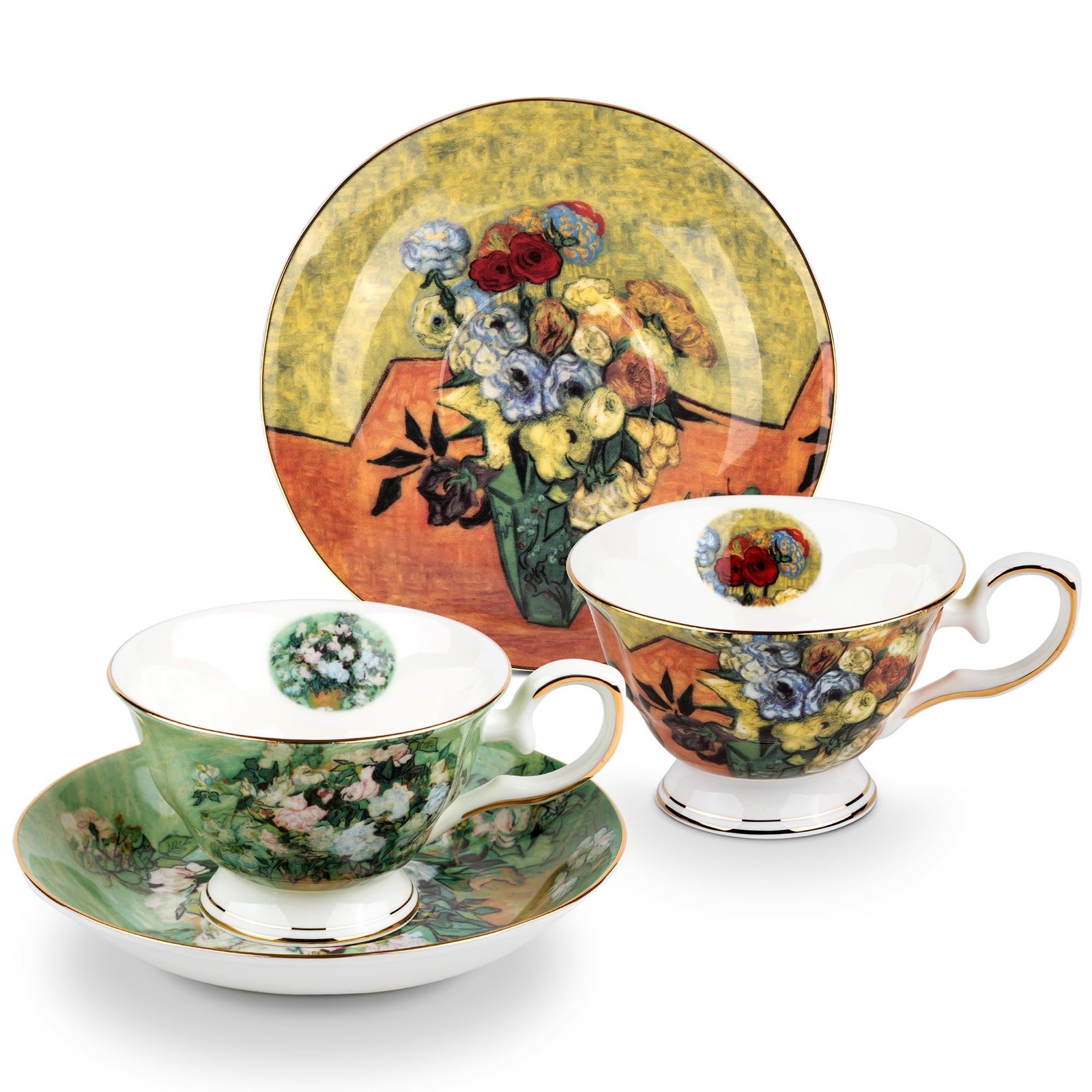 Floral Tea Cups Saucers Set of 2, Van Gogh Paintings Bone China 7 oz British …