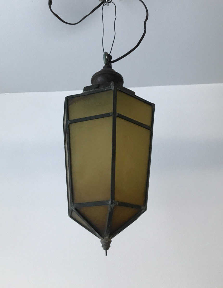 Vintage Leaded Brass Amber-Stained Glass Ceiling Light Fixture Old 229-26B
