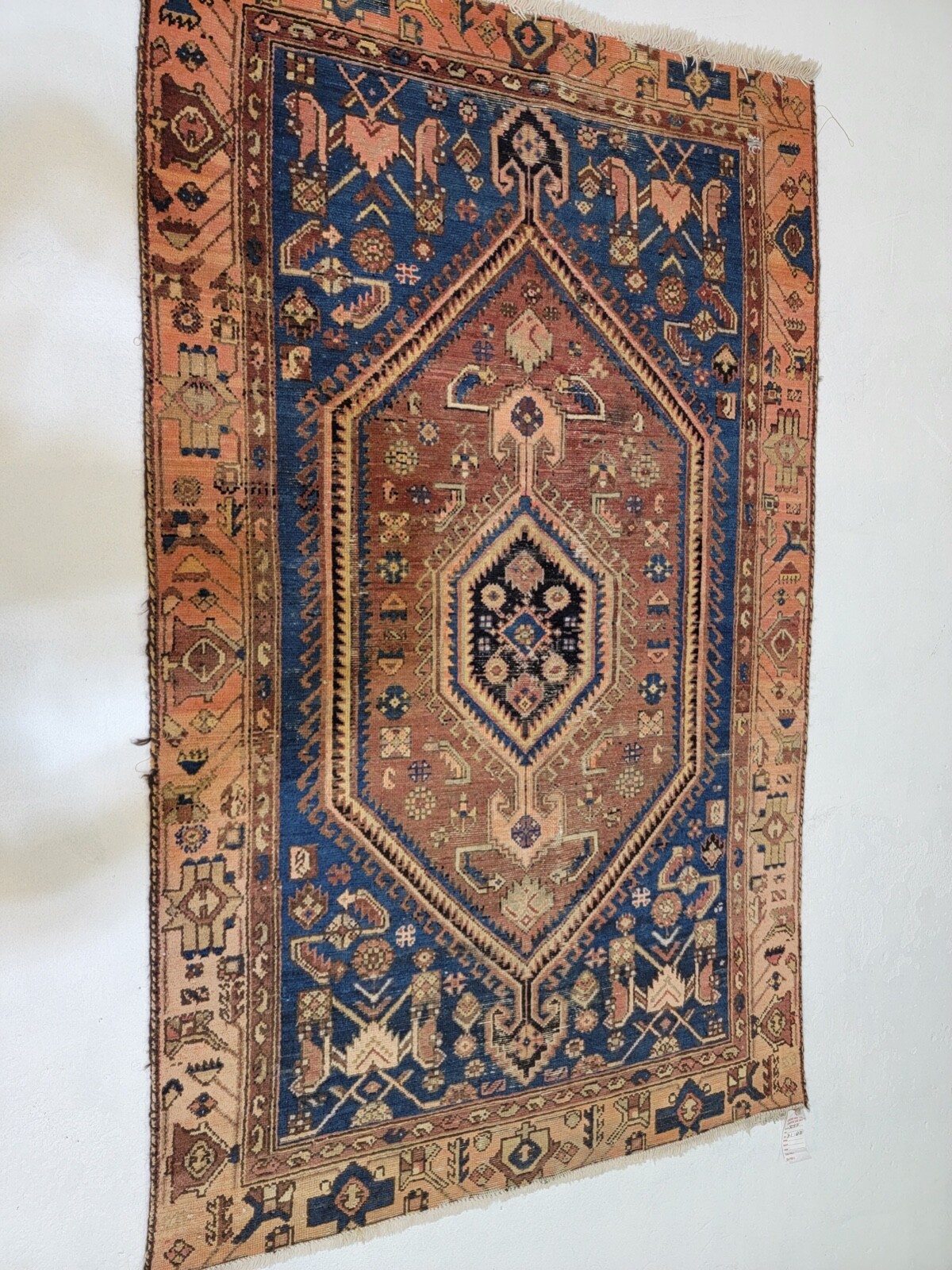 Antique Oriental Hand-Knotted Wool Area Rug Beige/Navy Blue 3’1″ x 6’3″