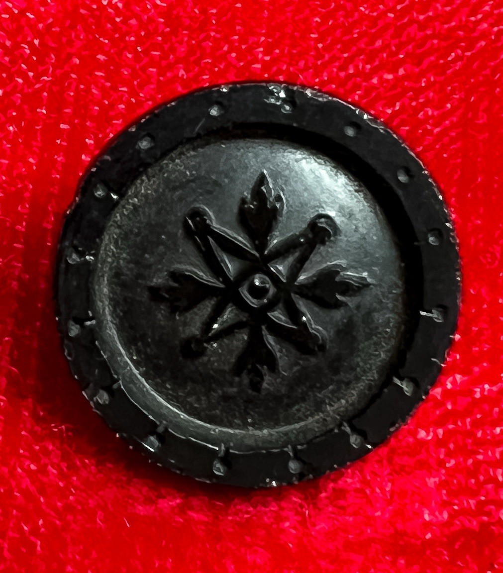 Antique Deknatel Matte Black Glass Button W Backmark Snow Flake Star Design
