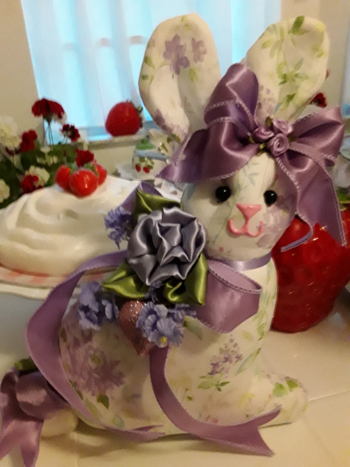 LOVELY LAVENDER ROSES BRAND NEW FABRIC BIG STANDING LADY BUNNY RABBIT