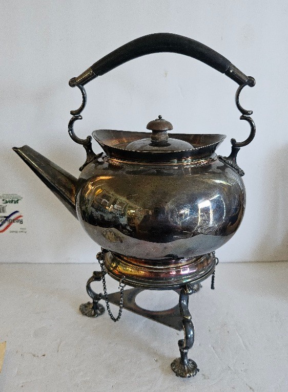 Antique English Hukin & Heath Teapot Hot Water Kettle On Stand Silver Plate