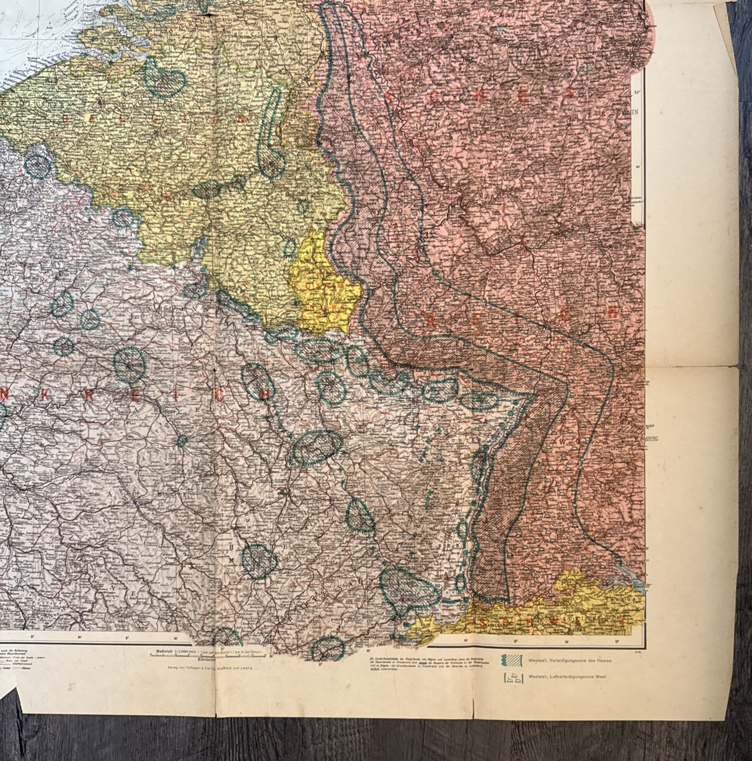 Vintage 1940s Map of German-French Border German Publisher Velhagen & Klasing