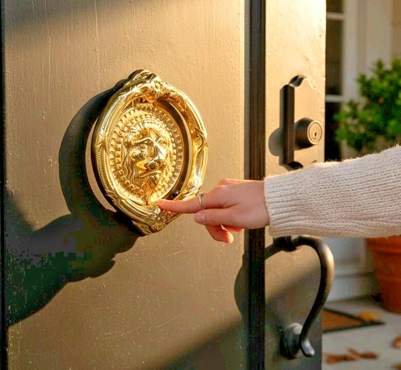 Large Heavy Vtg Polished Brass Sculpted Lion Head Door Knocker 1985 5″ x 5.5″