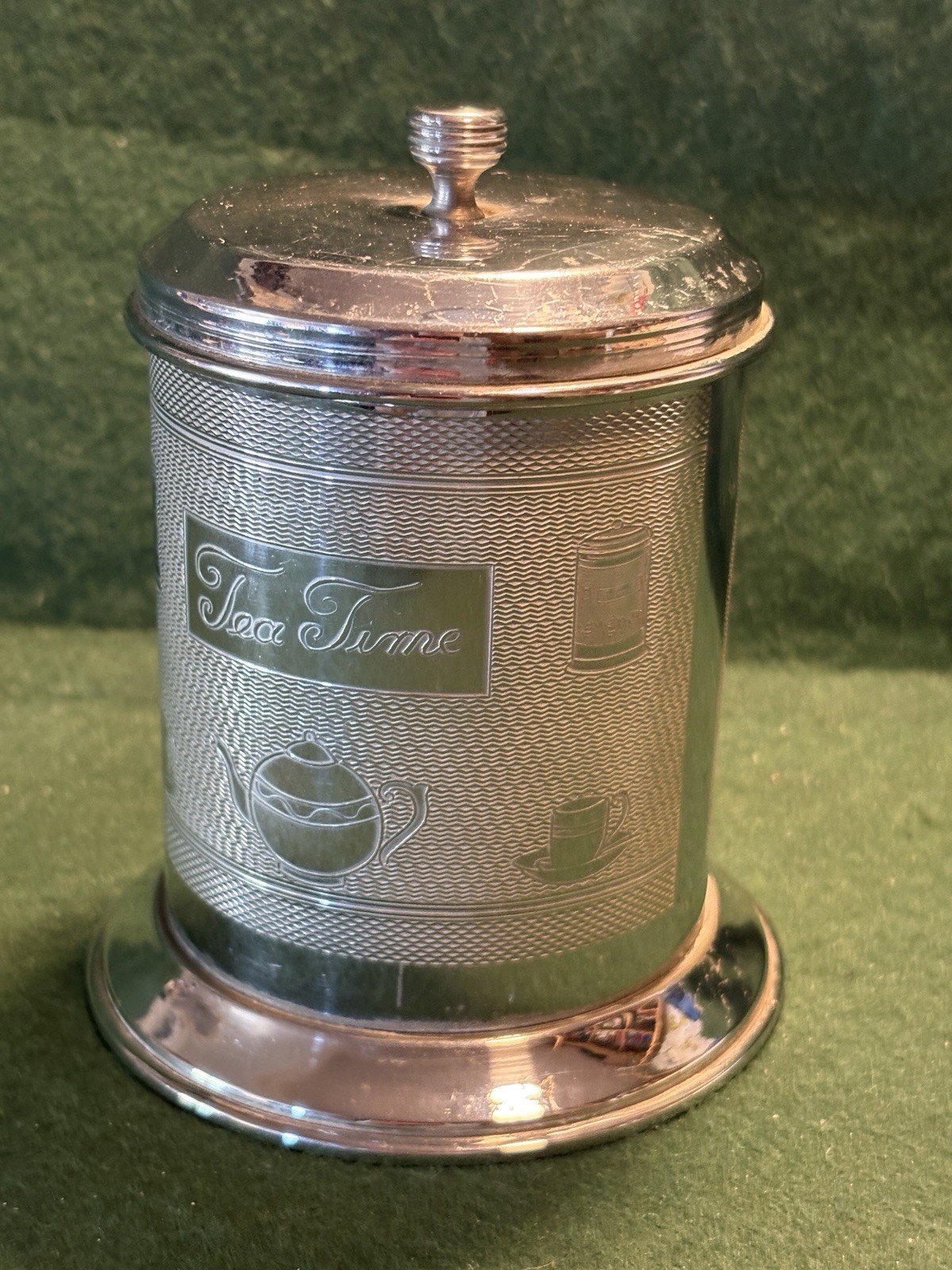 Vintage Tea Time Tea Caddy Chrome Plated & Engraved 4-1/2″ Tall