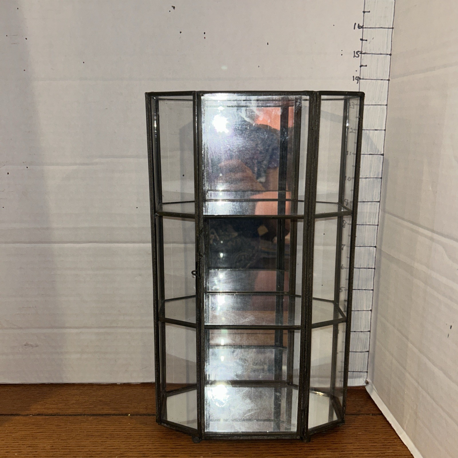 VTG Metal, Glass & Mirror Back Octagonal Curio Cabinet Display Case 13″ tall