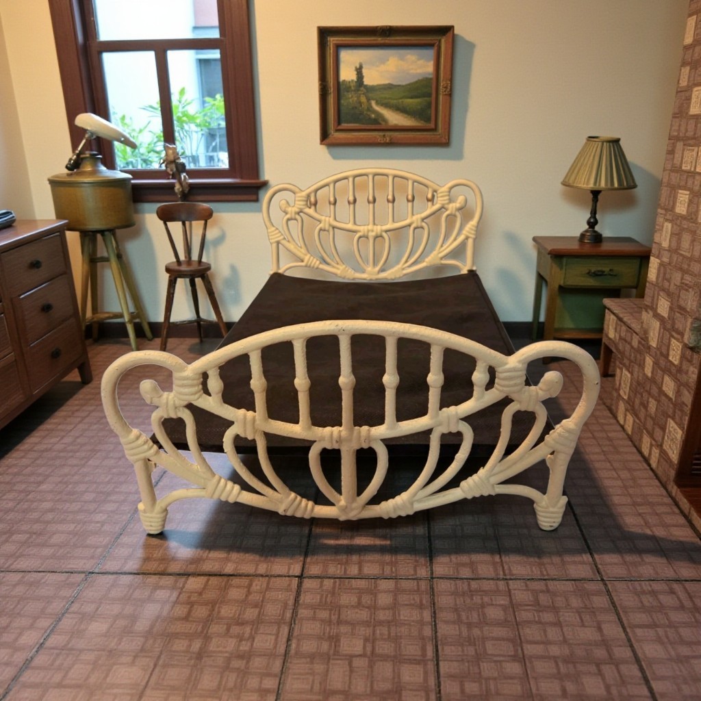 Antique DOLL Wrought Iron Bed Off White With Black Lining 18″ X 11″