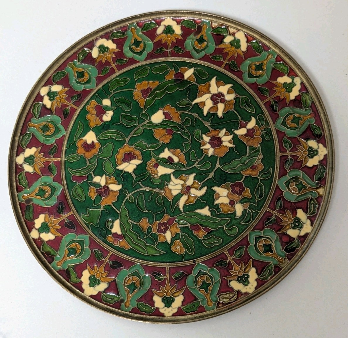Vintag Heavy Enamel Bronze Cloisonné Detailed Flowers Lilies Burgundy Green 7.5″