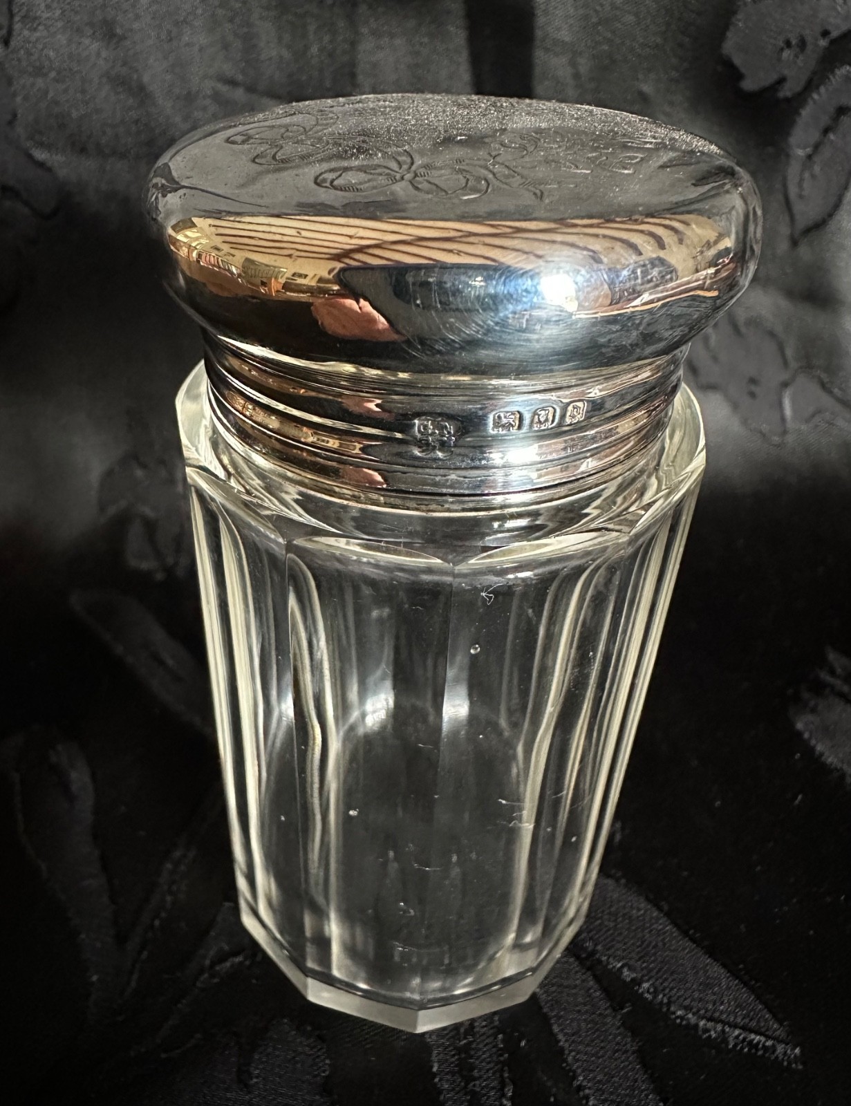 Antique George V English 12 Sided Glass Engraved Sterling Lid Vanity Jar