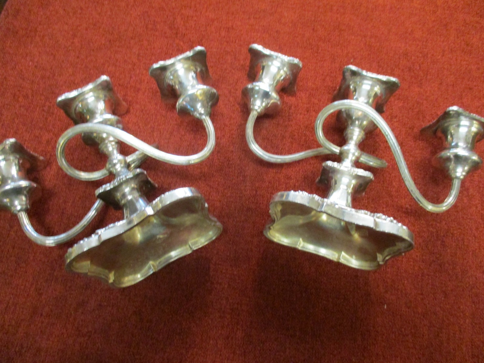 Antique Pair Of Silver Plated Three Prong Candelabras, By E. P. Lead