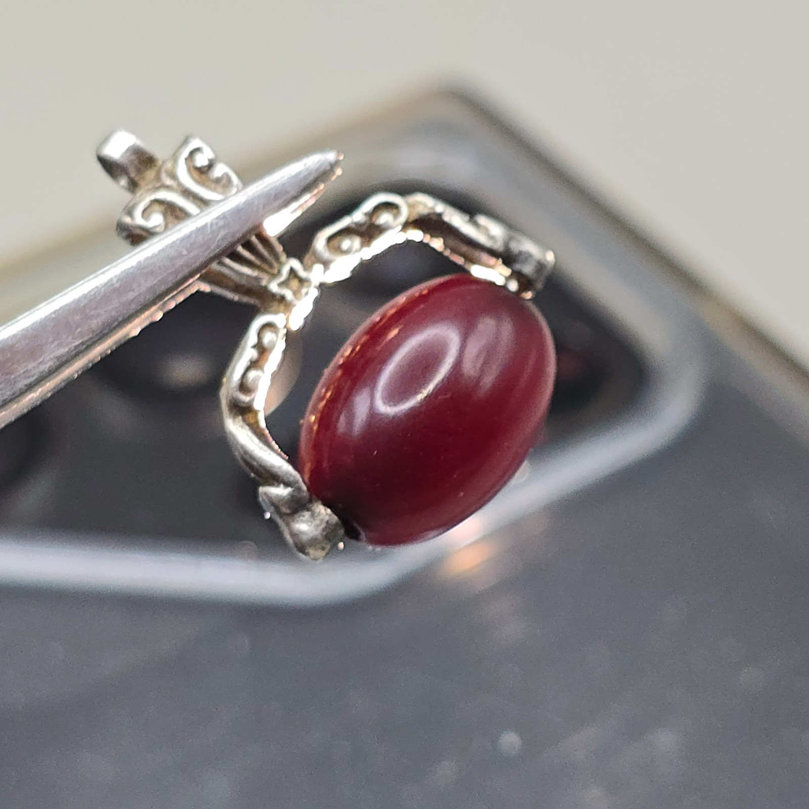 Antique Solid Silver & Cherry Bakelite Swivel Fob Pendant