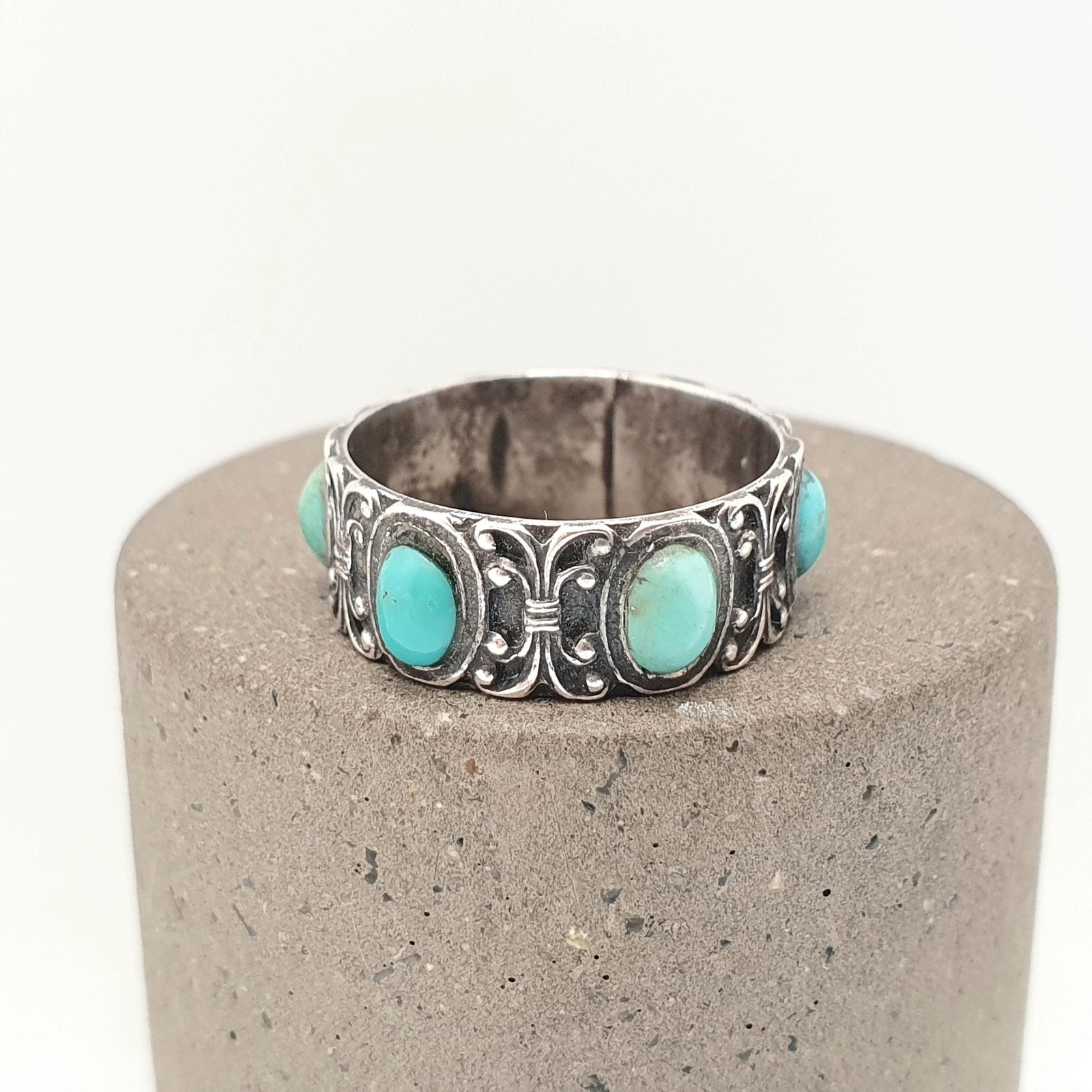Antique Victorian Solid Silver Turquoise Ring Forget Me Not Natural Gemstones