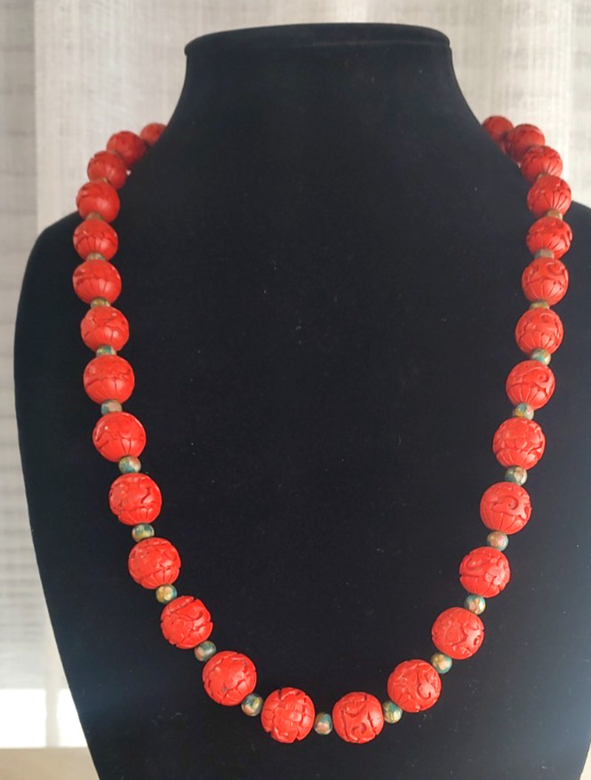 Hand Carved Red Cinnabar Beads w/ Small Cloisonné Bead Necklace 27″ Long