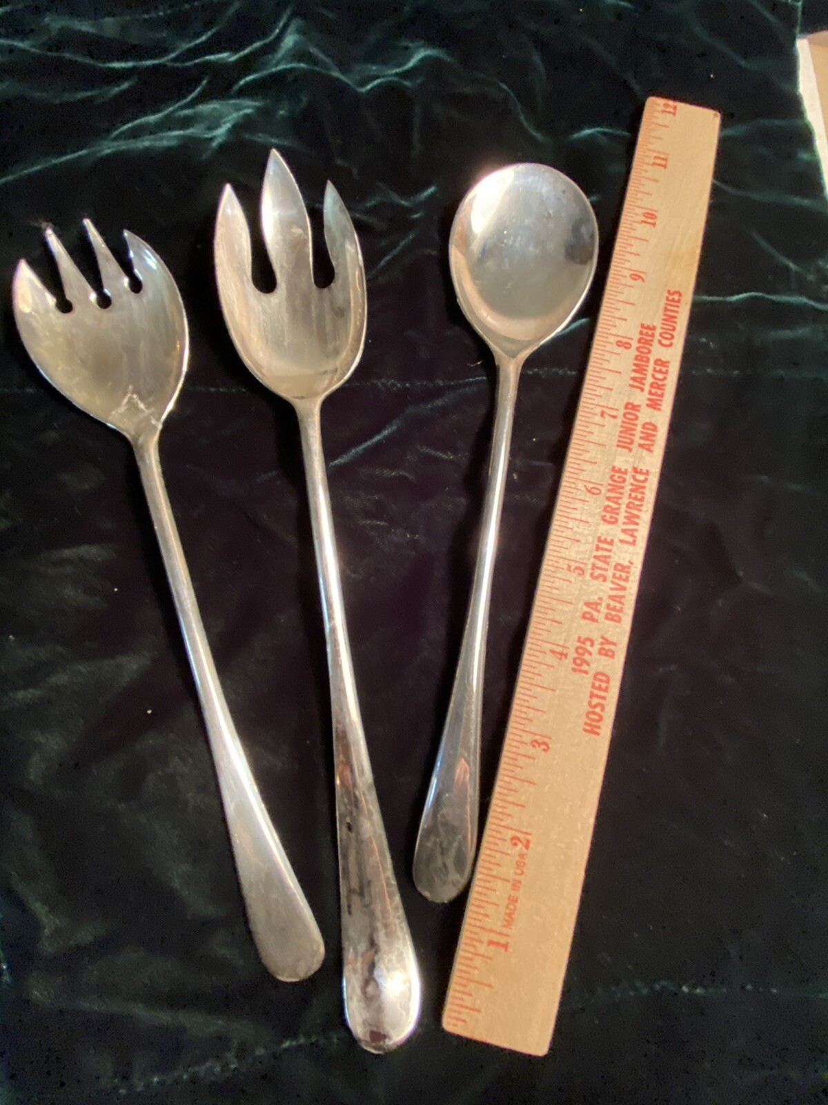 Set Of 3 Silver Plate Long Handled 10” Italy Saladspoonsforks F34