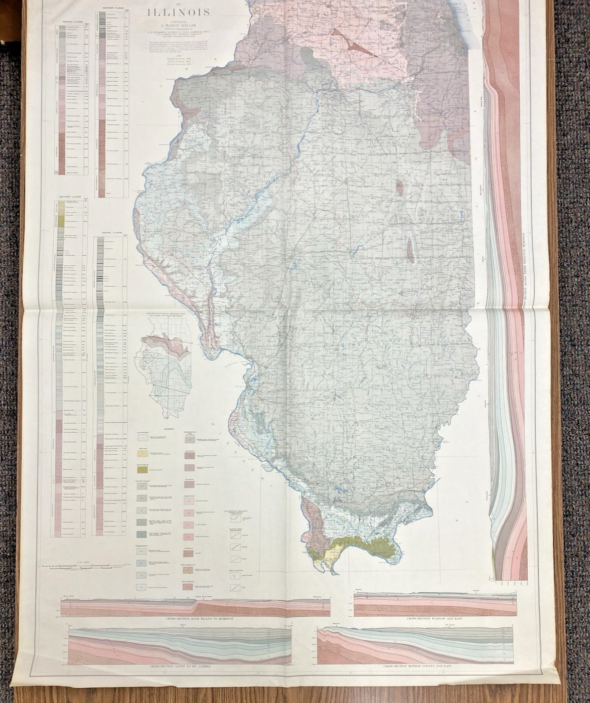 Vintage 4th ed. Geologic Map of Illinois 1:500K 41″ x 58″ 1945 RP 1961 w/ X-Sect
