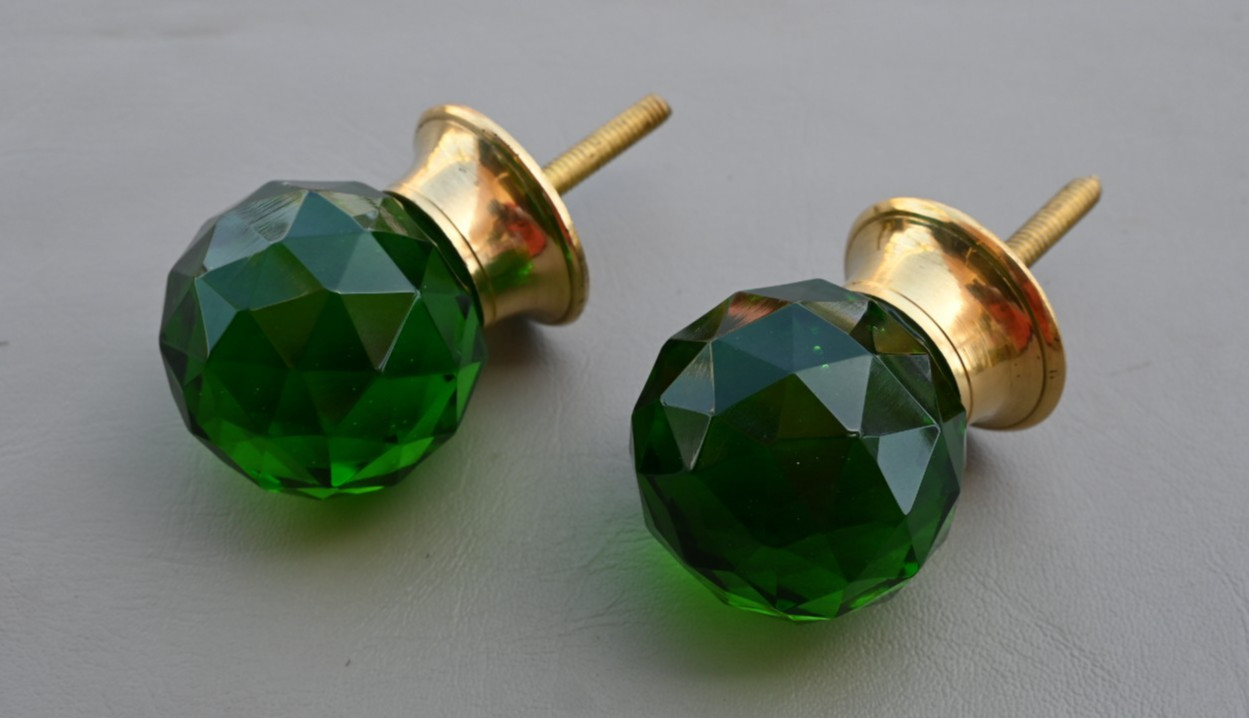Vtg sea green round cut glass door drawer knob handle pull 2″ 2PC