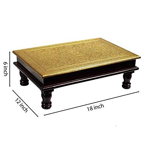 Wood & Brass Chowki Brass Work Pooja Stool Home Décor Sitting Table (18x12x6 in)
