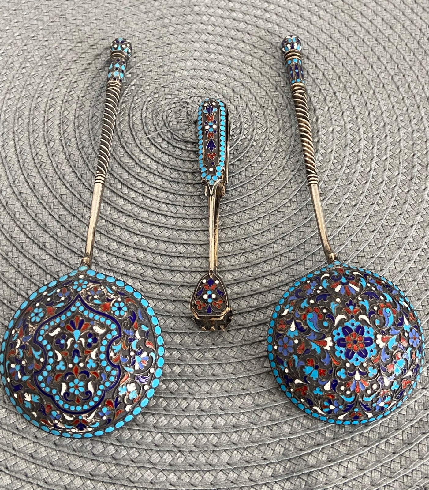 Antique Russian 84 Silver Enamel Sugar Tongs & 2 Spoons by Gustav Klingert,