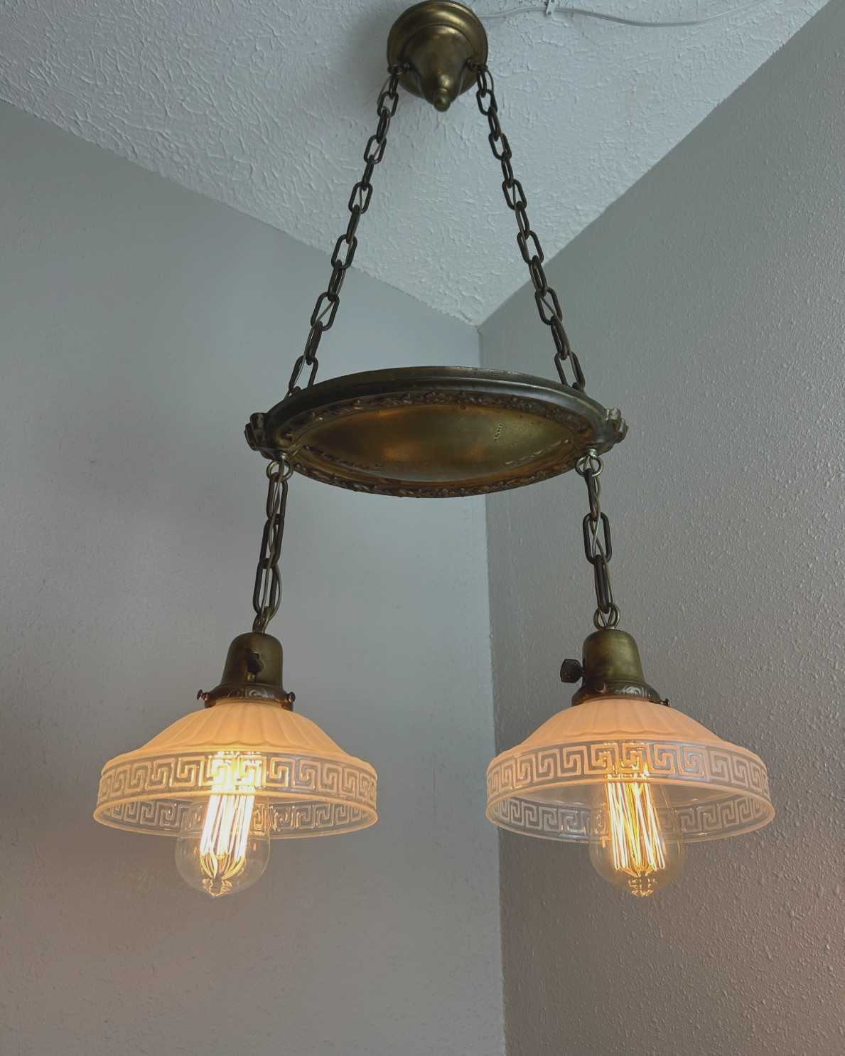 1910-20s Victorian brass 2 light pendant fixture