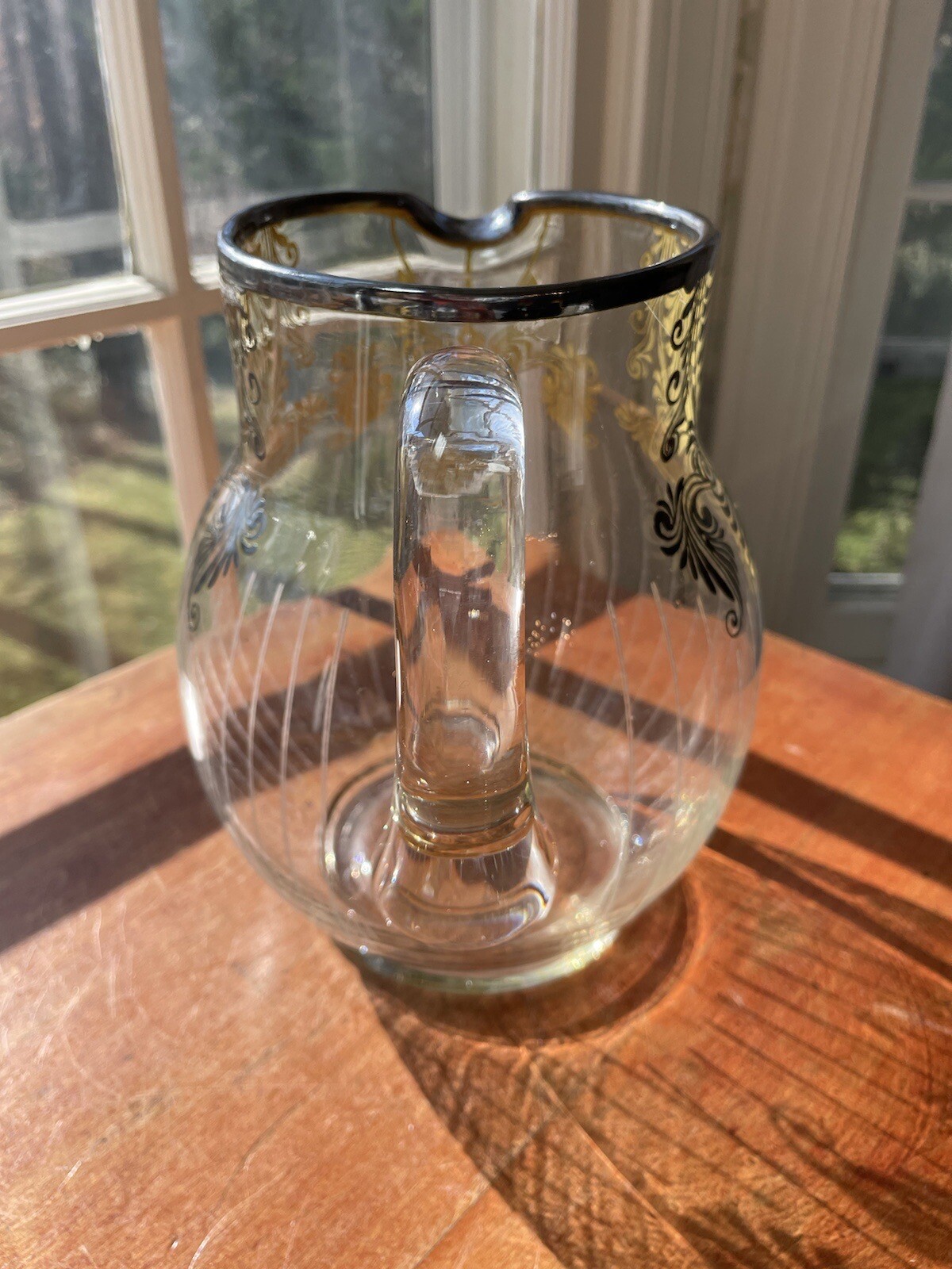 Antique Art Deco Silver Overlay Blown Etched Glass Lemonade Water Pitcher