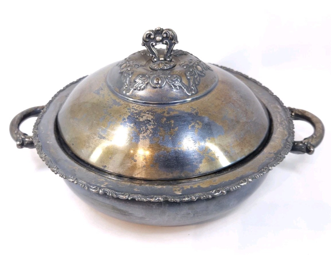Vintage Aurora Silverplate Covered Serving Dish #0291 Ornate Handles Domed Lid